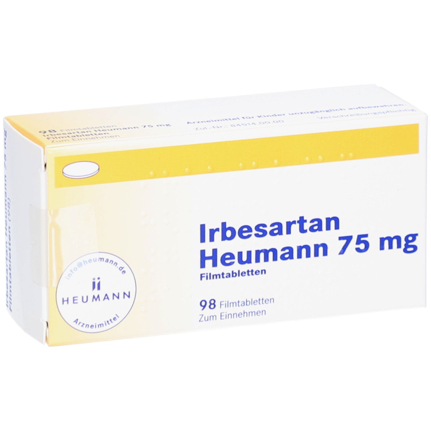 Schachtel "Irbesartan Heumann 75 mg". 98 Filmtabletten. Gelb-weiße Verpackung mit Logo und Produktinformationen.
