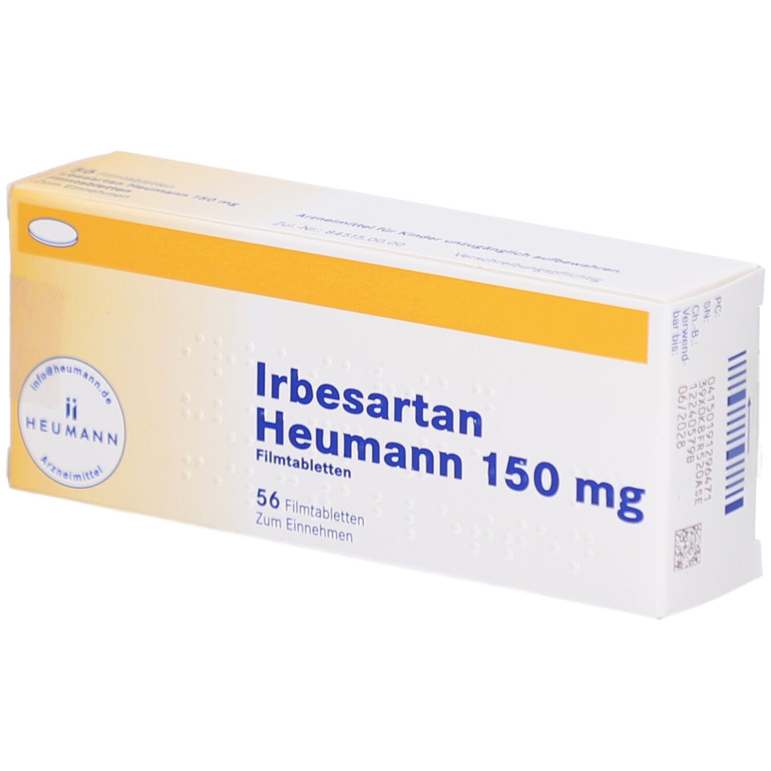 Arzneimittelpackung. Irbesartan Heumann 150 mg Filmtabletten. 56 Tabletten. Gelb-weiße Schachtel mit Logo und Produktinformationen.