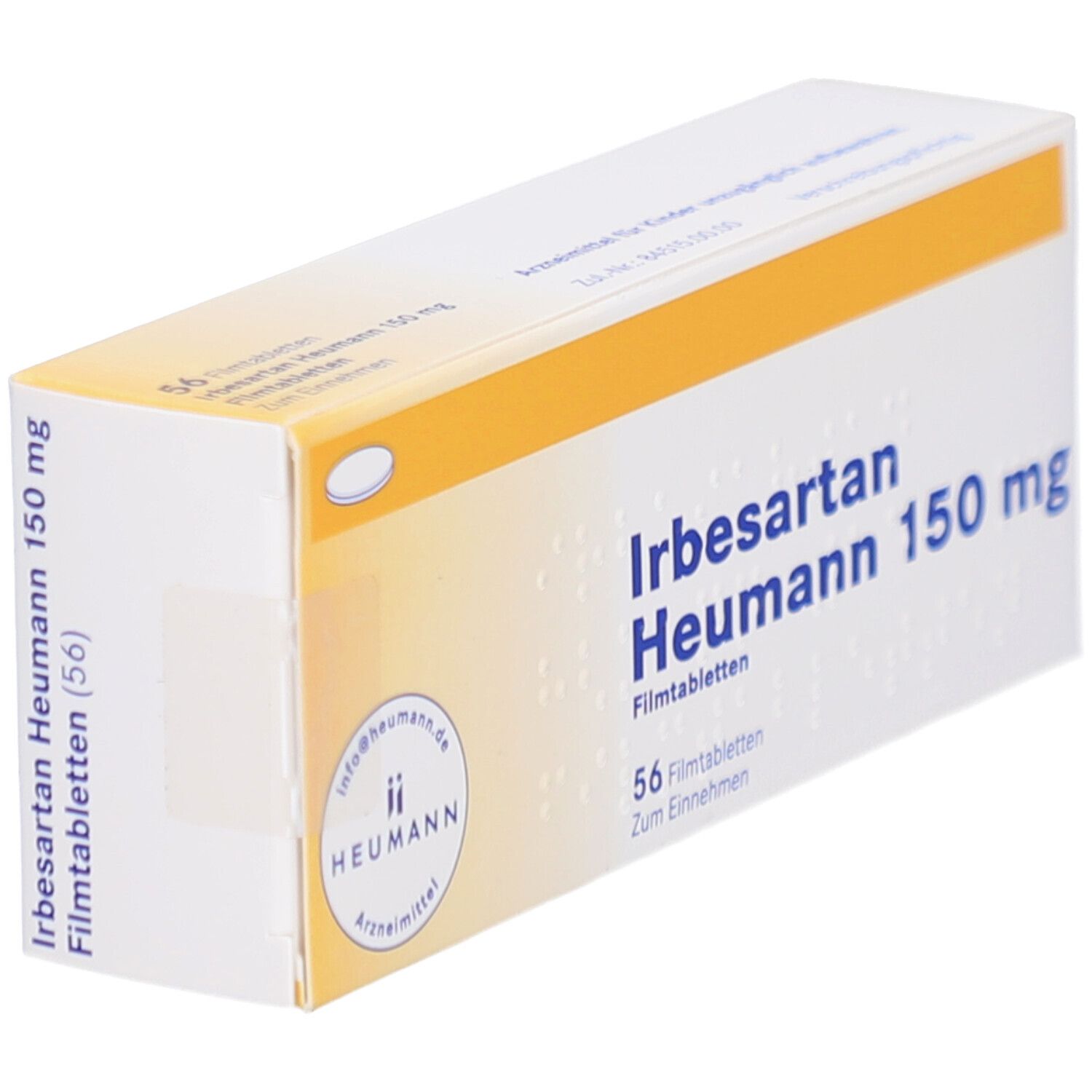 Schachtel Irbesartan Heumann 150 mg Filmtabletten. 56 Tabletten. Gelb-weiße Verpackung mit Logo und Produktnamen. Schräge Ansicht.