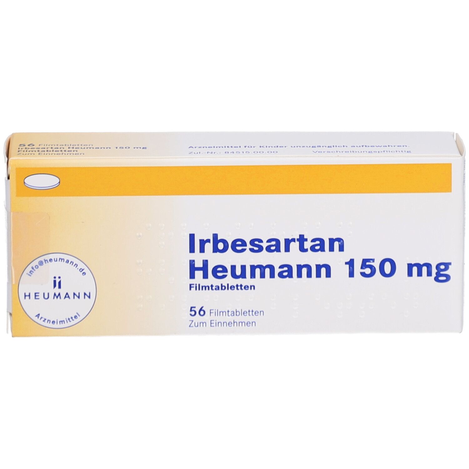 Arzneimittelpackung Irbesartan Heumann 150 mg Filmtabletten. 56 Tabletten. Gelb-weiße Schachtel mit Logo und Produktinformationen. Draufsicht.