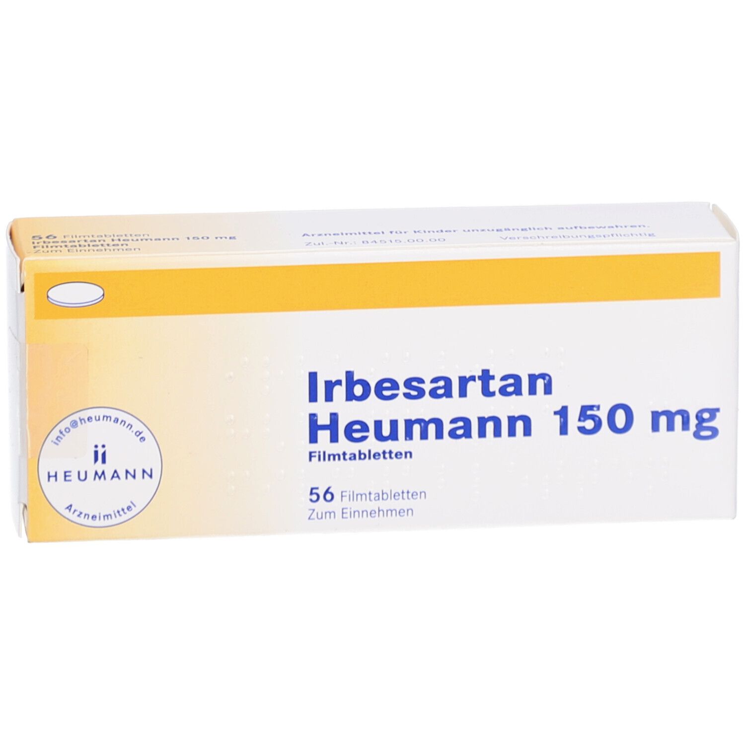 Arzneimittelpackung Irbesartan Heumann 150 mg Filmtabletten. 56 Tabletten. Gelb-weiße Schachtel mit Logo und Produktinformationen. Draufsicht.