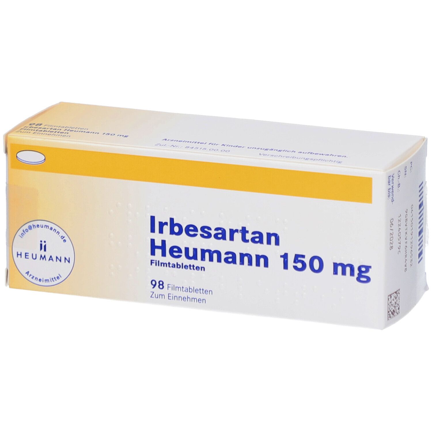 Karton mit Aufschrift: Irbesartan Heumann 150 mg, 98 Filmtabletten. Gelb-weiße Verpackung mit Logo.