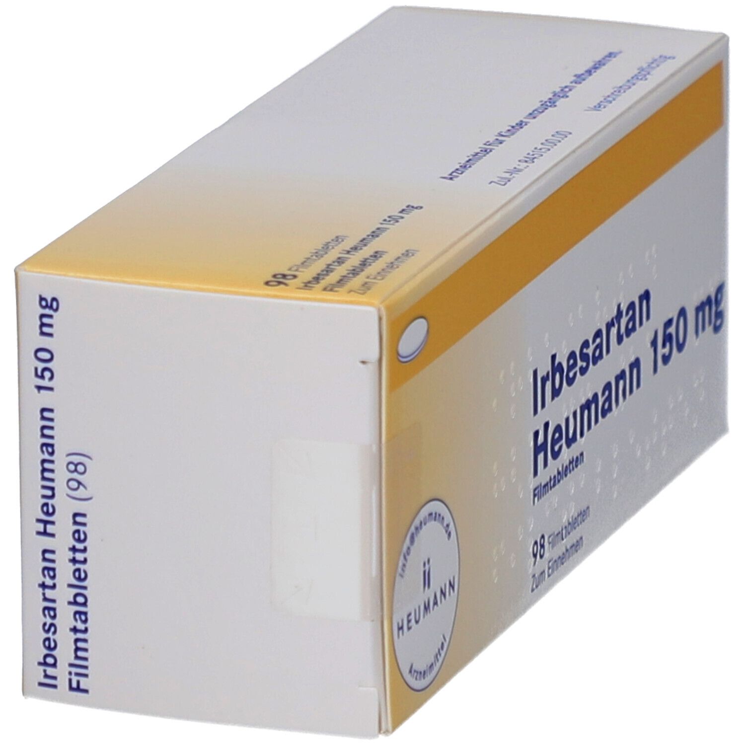 Schrägansicht der Verpackung von Irbesartan Heumann 150 mg. Gelb-weiße Schachtel mit Produktinformationen.