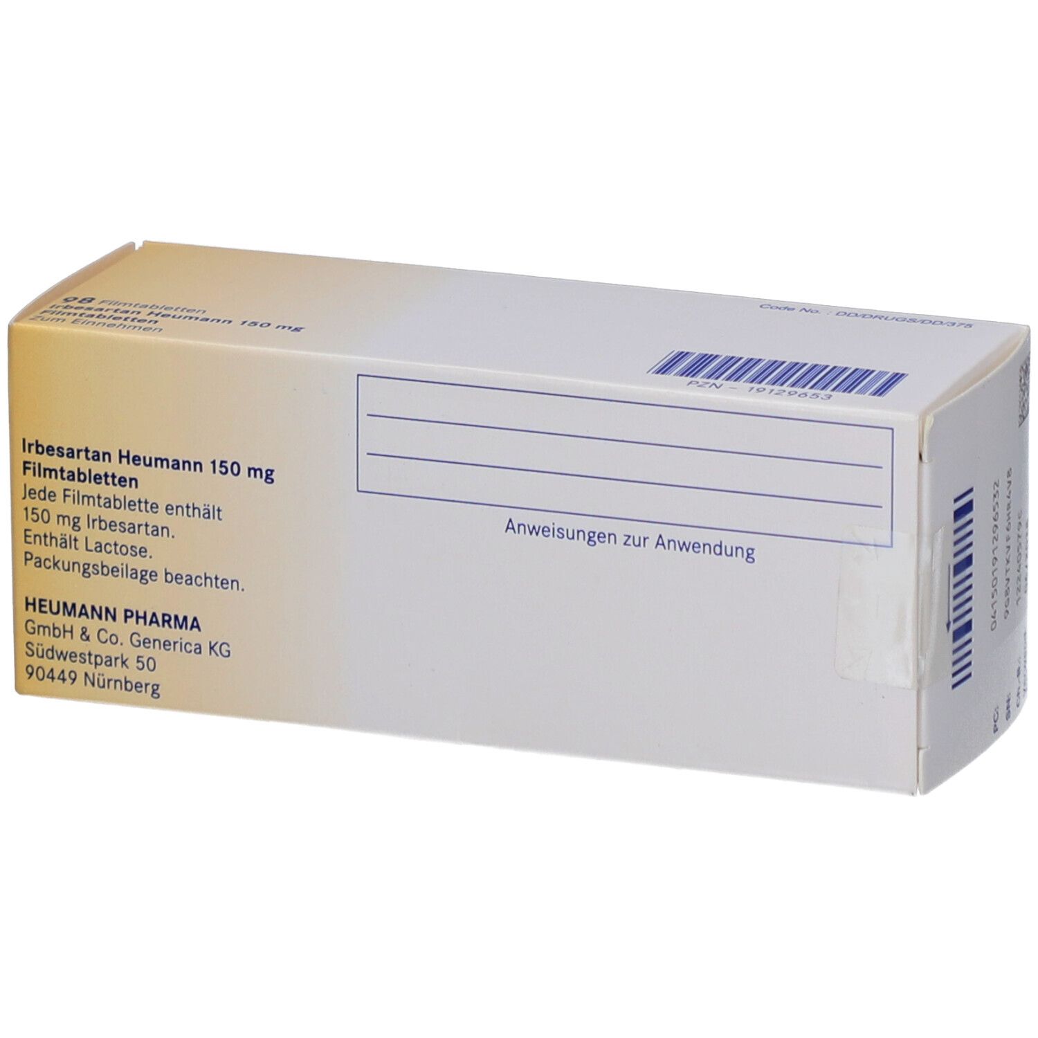 Rückseite der Irbesartan Heumann 150 mg Verpackung. Enthält Informationen und Barcode.