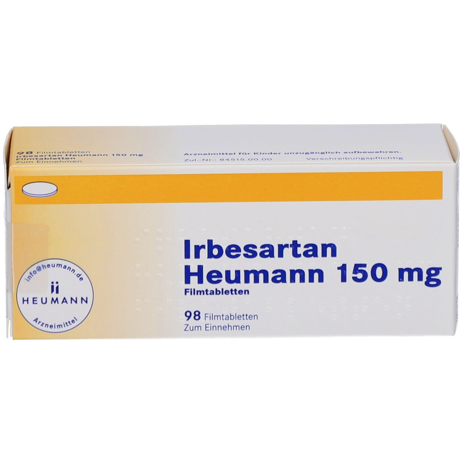Karton Irbesartan Heumann 150 mg, 98 Filmtabletten. Gelb-weiße Verpackung mit Logo und Produktnamen.