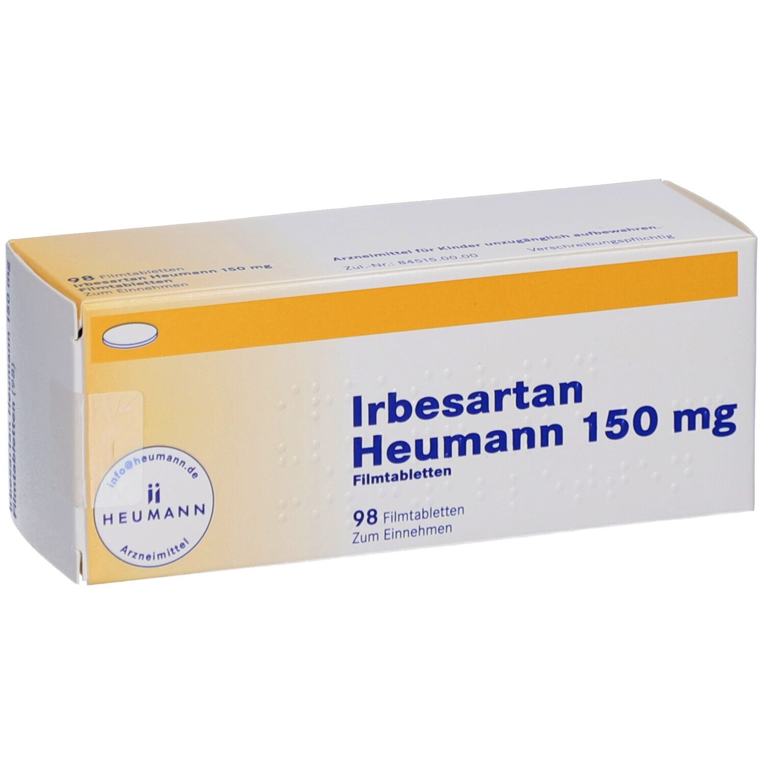 Karton Irbesartan Heumann 150 mg, 98 Filmtabletten. Gelb-weiße Verpackung mit Logo und Produktnamen.