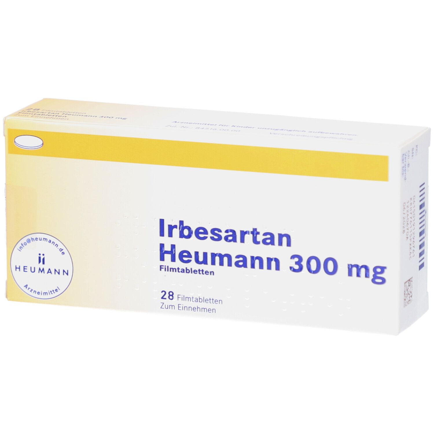 Schachtel mit IRBESARTAN Heumann 300 mg Filmtabletten. Gelb-weiße Verpackung mit Produktnamen und Dosierung.