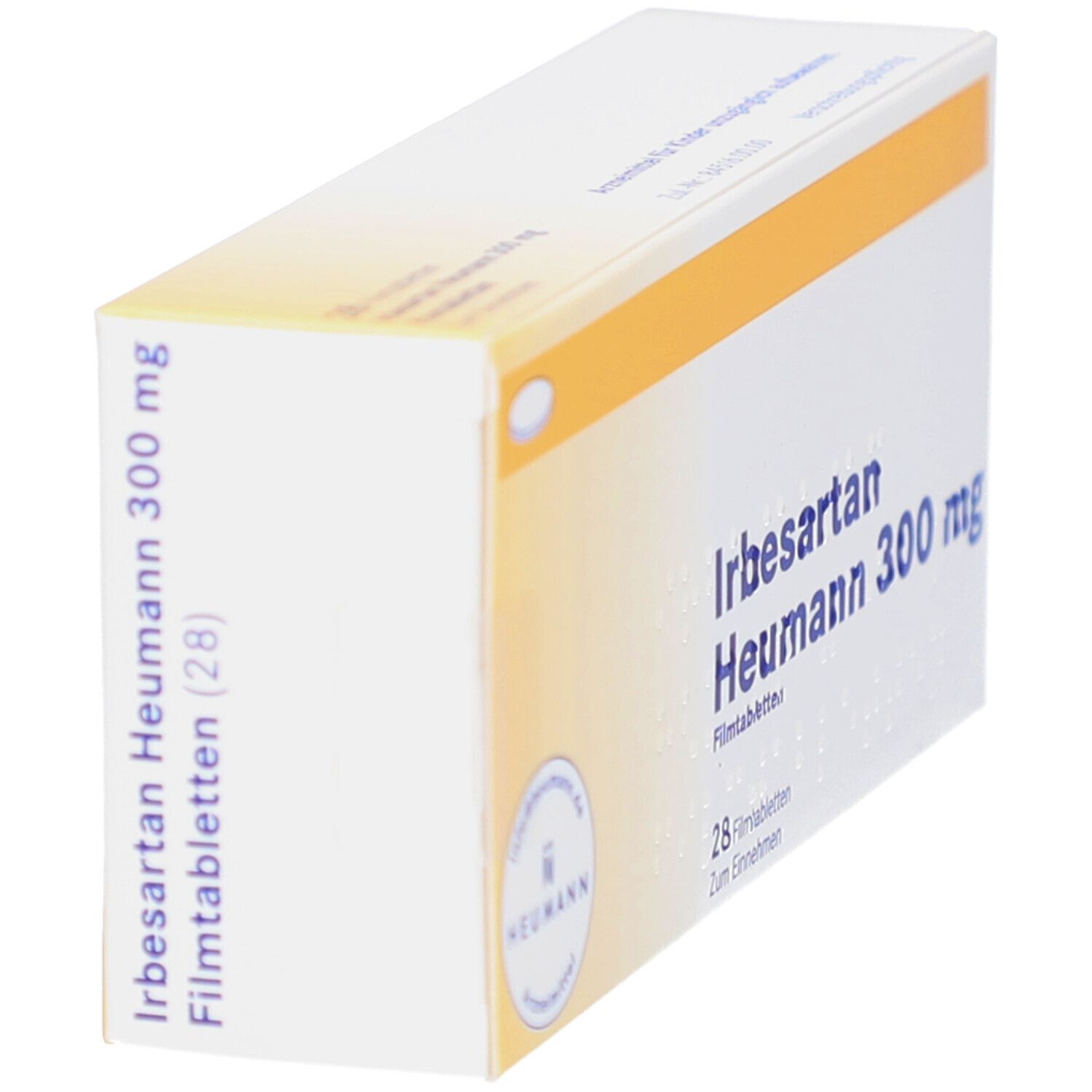 Schachtel IRBESARTAN Heumann 300 mg Filmtabletten. Ansicht von oben und Seite. Produktname und Dosierung deutlich sichtbar.