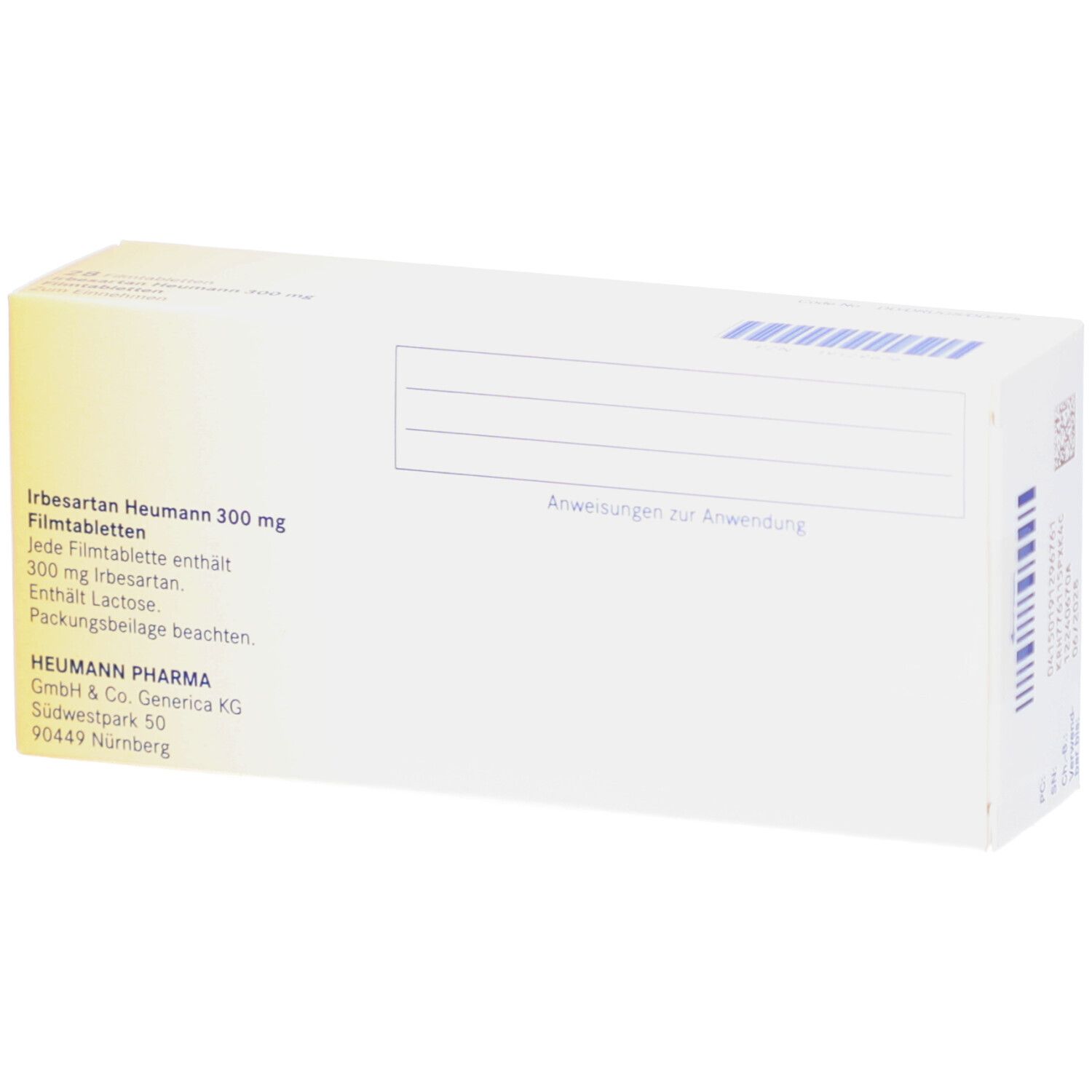 Rückseite der Schachtel IRBESARTAN Heumann 300 mg Filmtabletten. Informationen zu Inhaltsstoffen und Hersteller.