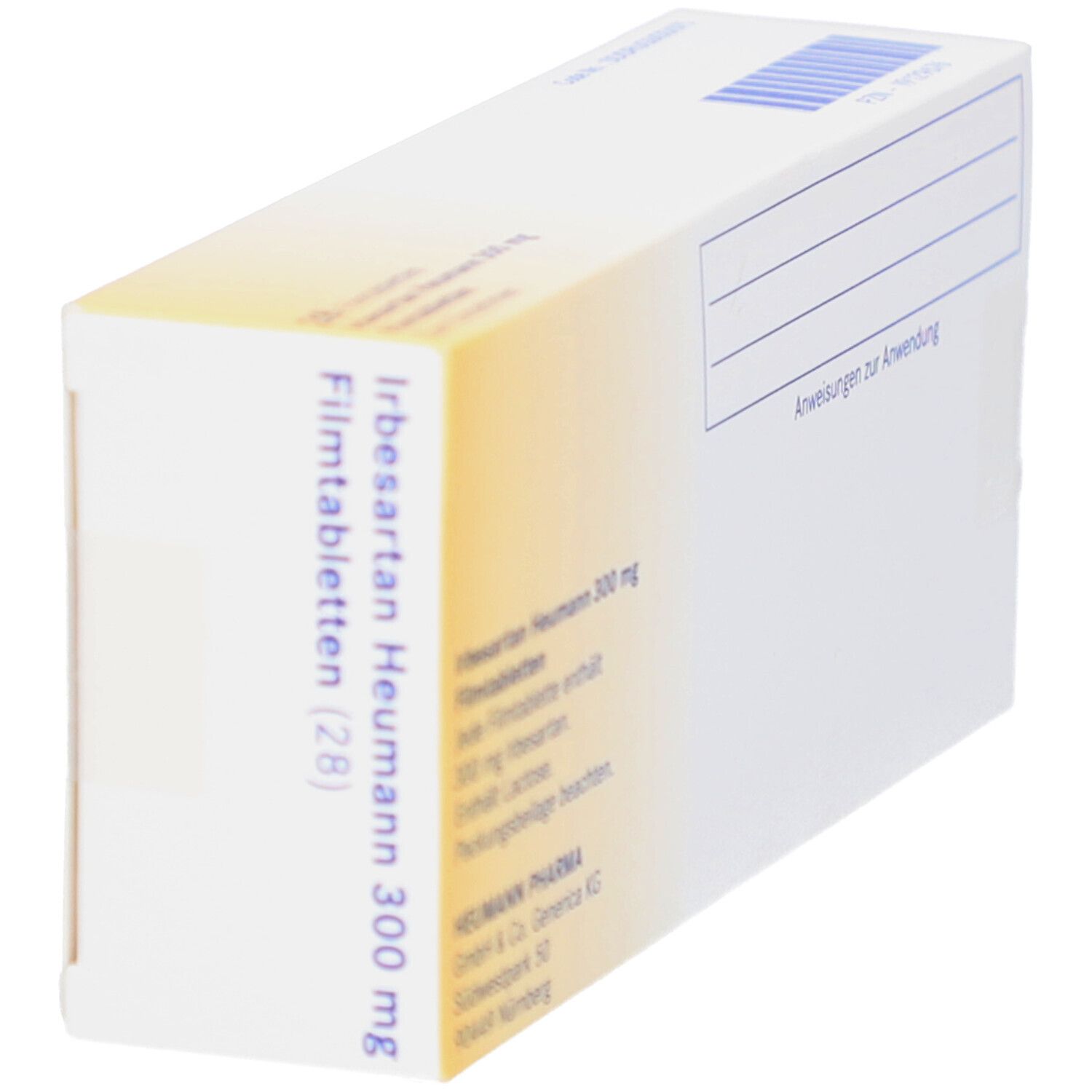 Schachtel IRBESARTAN Heumann 300 mg Filmtabletten. Ansicht von oben und Seite. Produktinformationen und Hersteller.