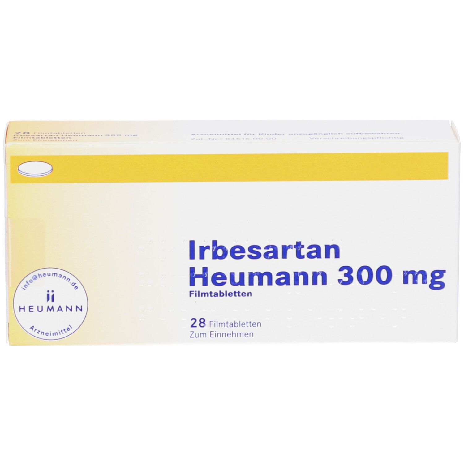 Schachtel IRBESARTAN Heumann 300 mg Filmtabletten. Vorderansicht. Produktname, Dosierung und Packungsinhalt.