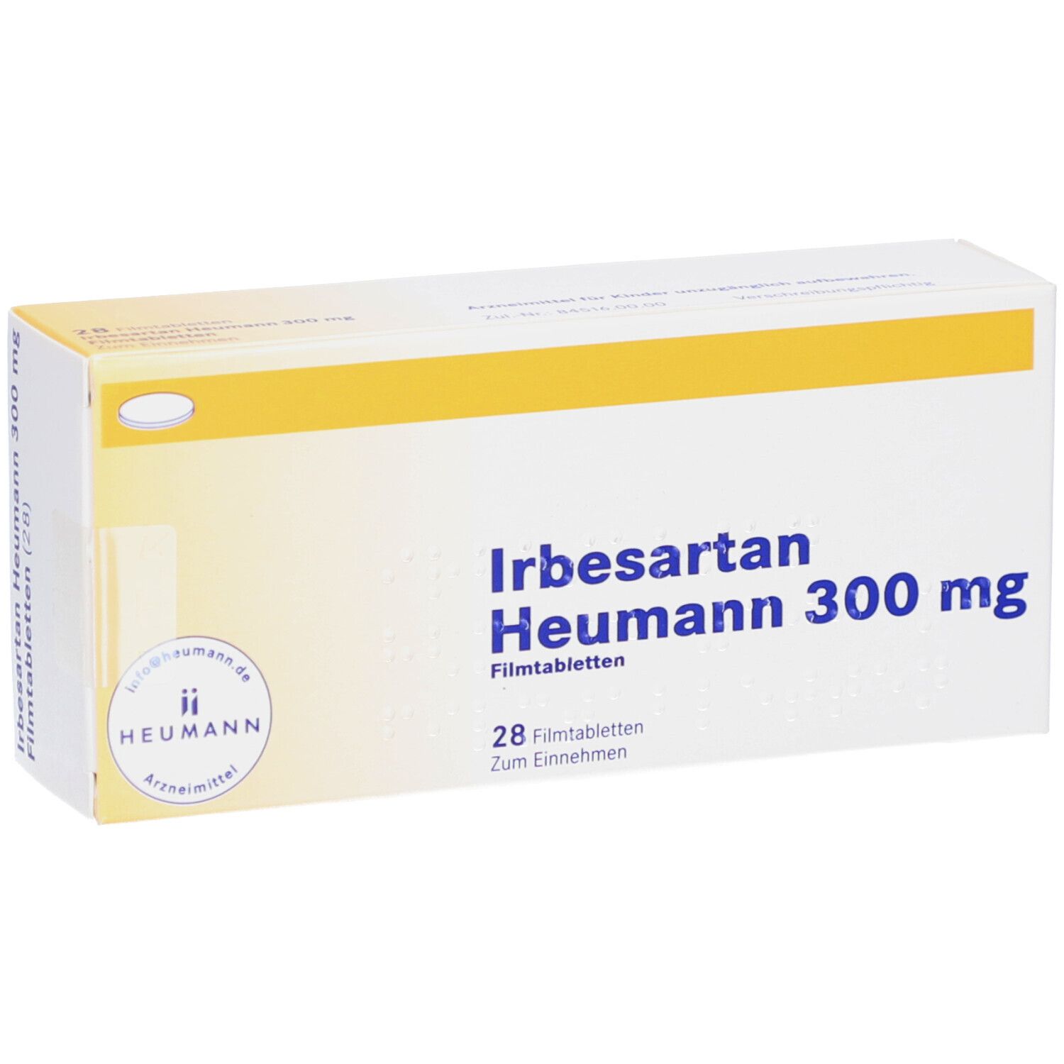 Schachtel IRBESARTAN Heumann 300 mg Filmtabletten. Ansicht von vorne und Seite. Produktinformationen und Marke.