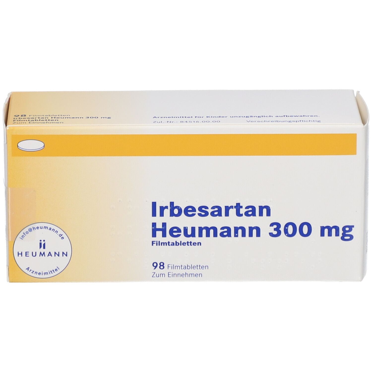 Produktverpackung von IRBESARTAN Heumann 300 mg Filmtabletten. 98 Tabletten, zum Einnehmen. Gelb-weiße Schachtel.