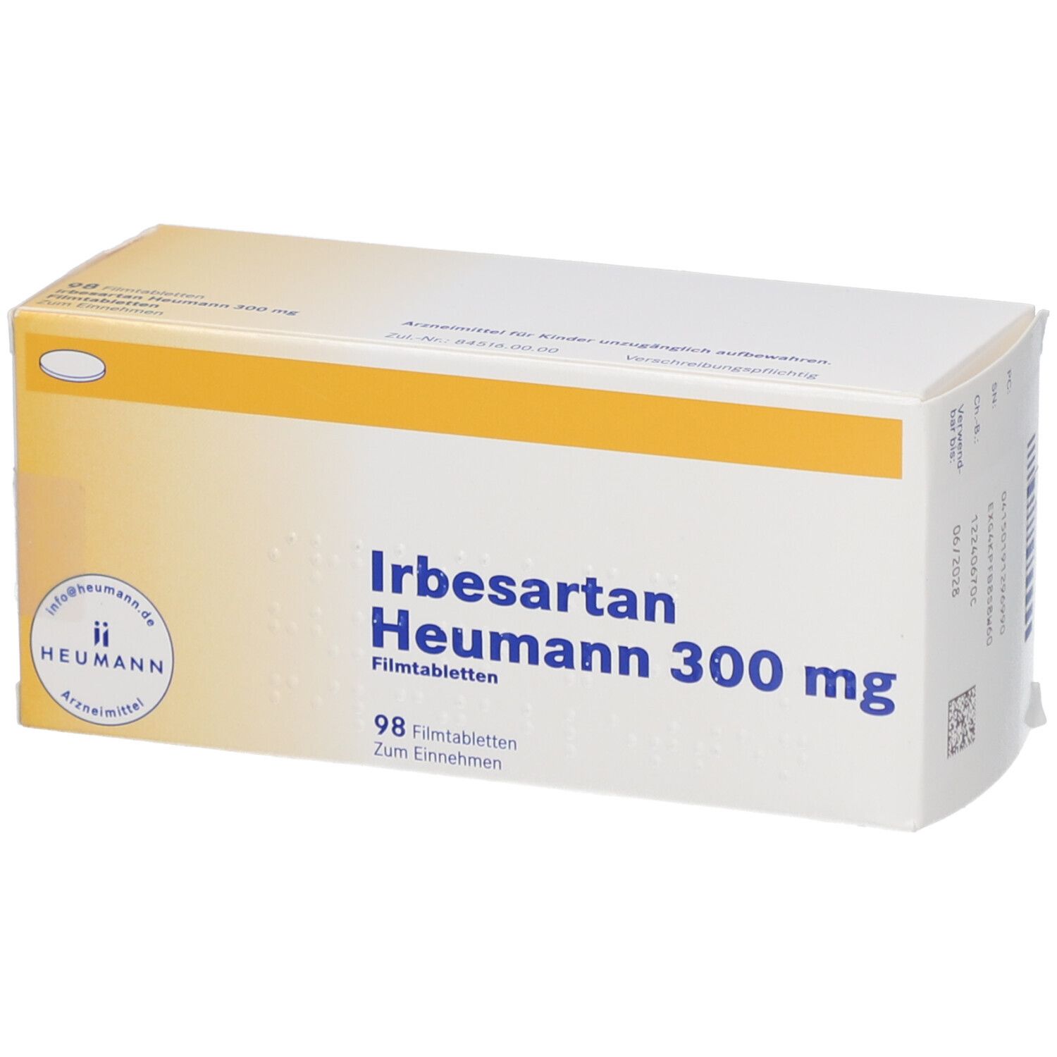 Produktverpackung von IRBESARTAN Heumann 300 mg Filmtabletten. 98 Tabletten, zum Einnehmen. Gelb-weiße Schachtel.