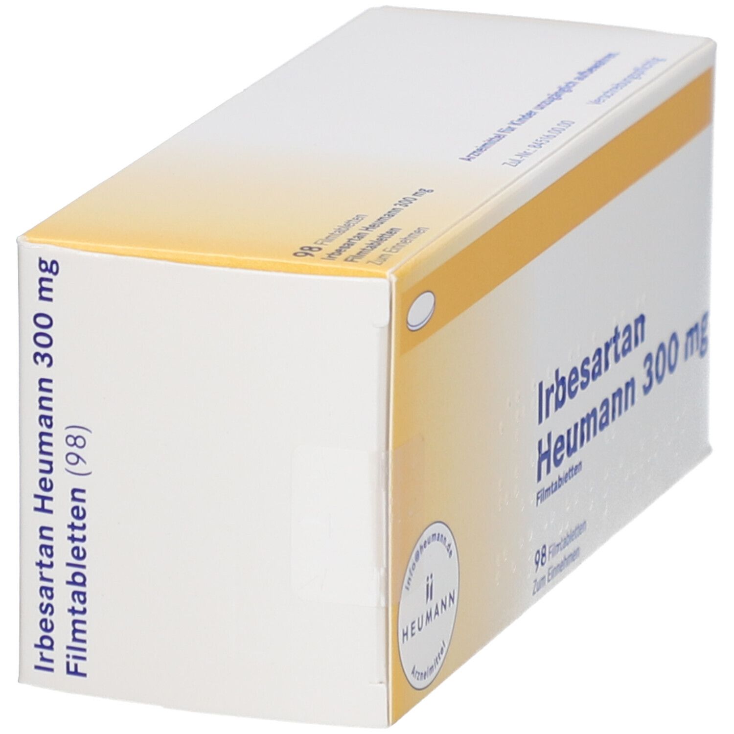 Produktverpackung von IRBESARTAN Heumann 300 mg Filmtabletten. 98 Tabletten. Gelb-weiße Schachtel, schräg.