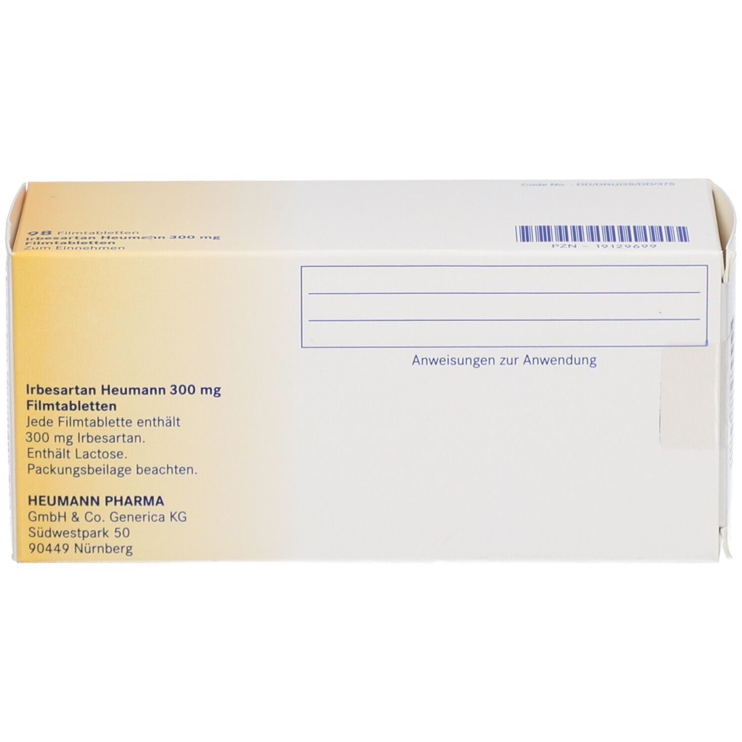 Rückseite der Produktverpackung von IRBESARTAN Heumann 300 mg Filmtabletten. Textinformationen und Herstelleradresse.