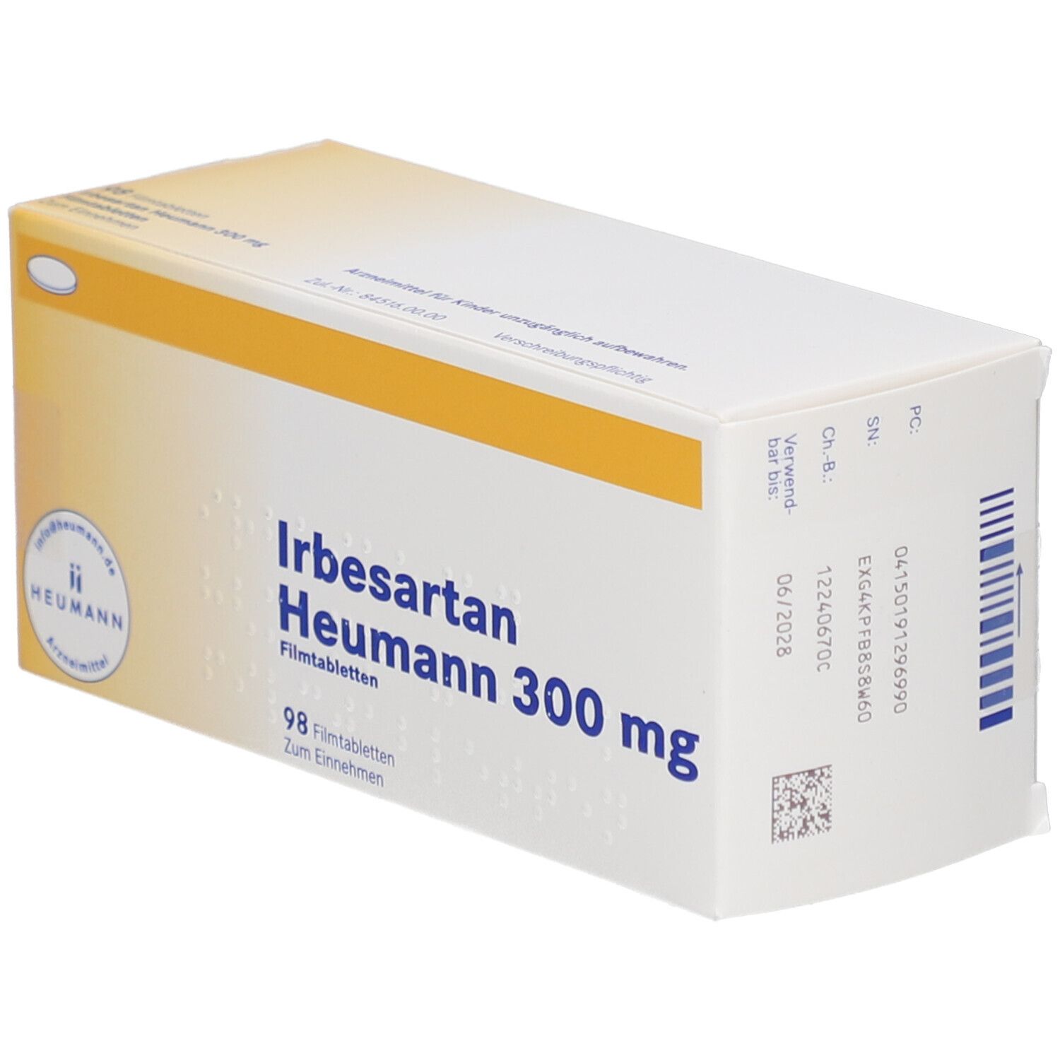 Produktverpackung von IRBESARTAN Heumann 300 mg Filmtabletten. 98 Tabletten. Gelb-weiße Schachtel, schräg.