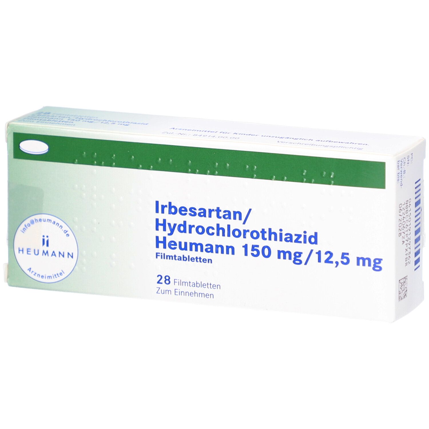 Schachtel mit IRBESARTAN/Hydrochlorothiazid Heumann 150/12,5mg Filmtabletten. 28 Tabletten. Grün-weiße Verpackung.