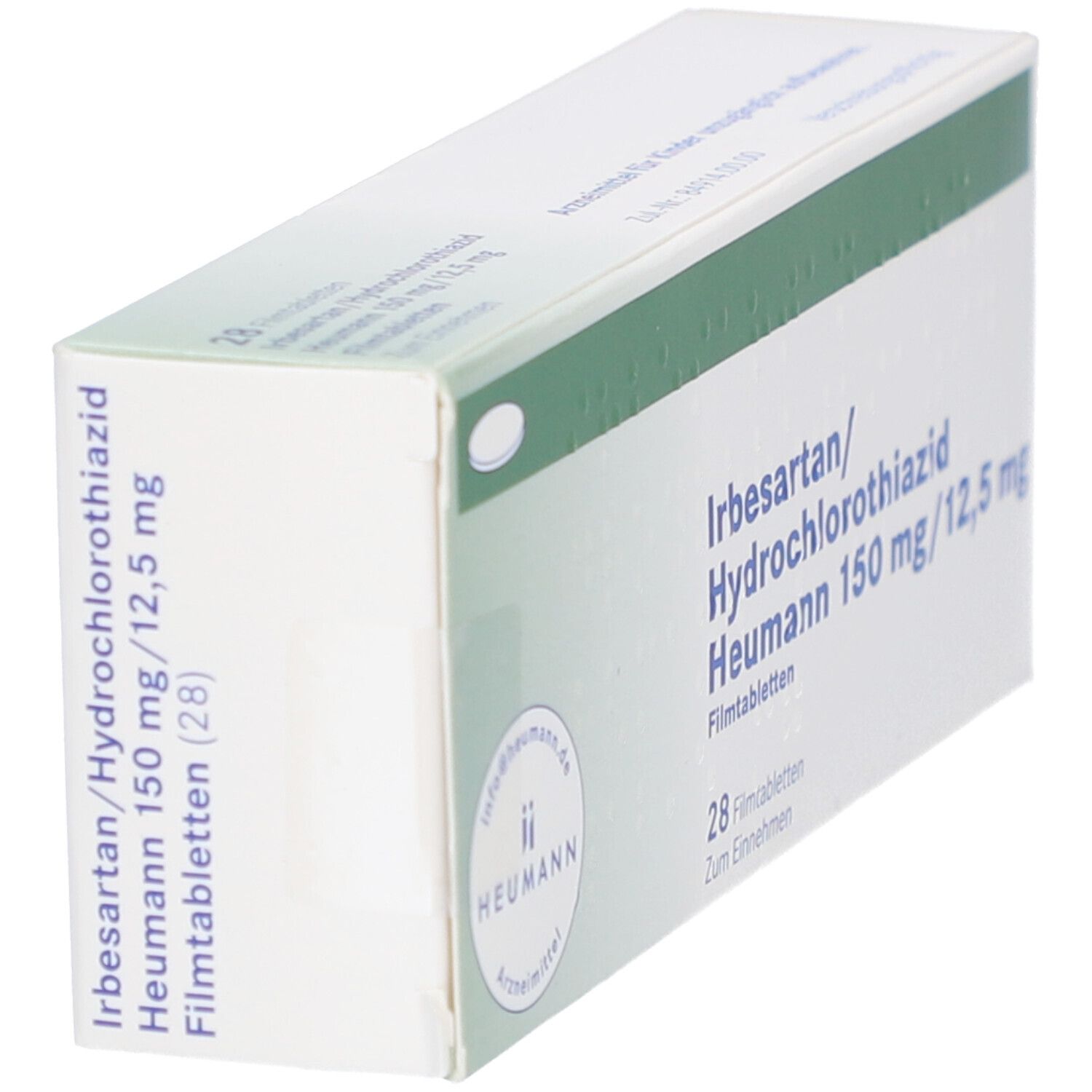 Schachtel mit IRBESARTAN/Hydrochlorothiazid Heumann 150/12,5mg. Seitenansicht. Grün-weiße Verpackung.