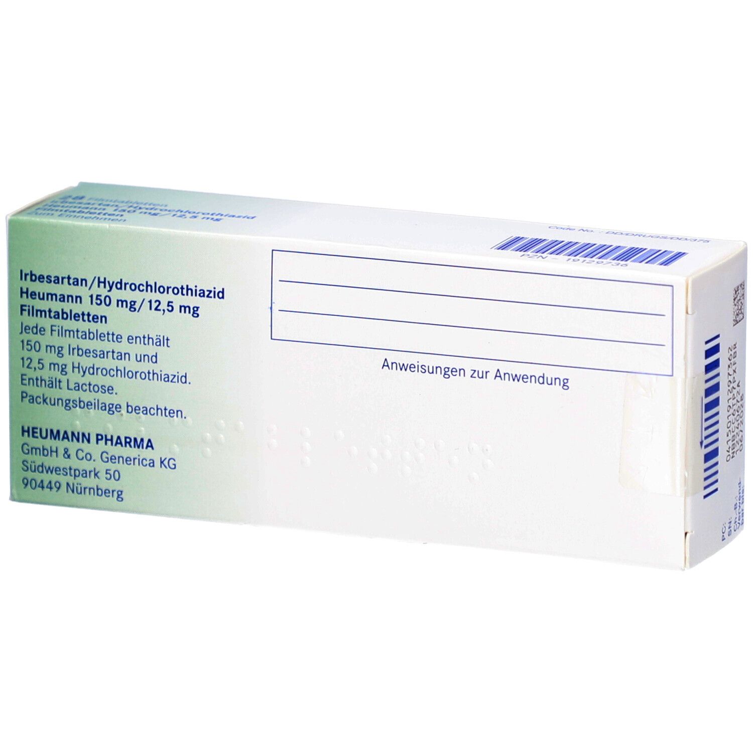 Rückseite der Schachtel mit IRBESARTAN/Hydrochlorothiazid Heumann 150/12,5mg. Text und Barcode.