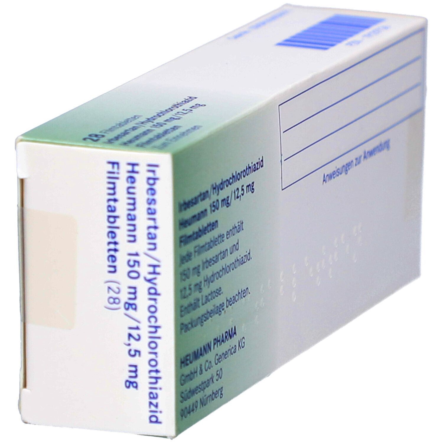 Schachtel mit IRBESARTAN/Hydrochlorothiazid Heumann 150/12,5mg. Seitenansicht mit Text und Barcode.