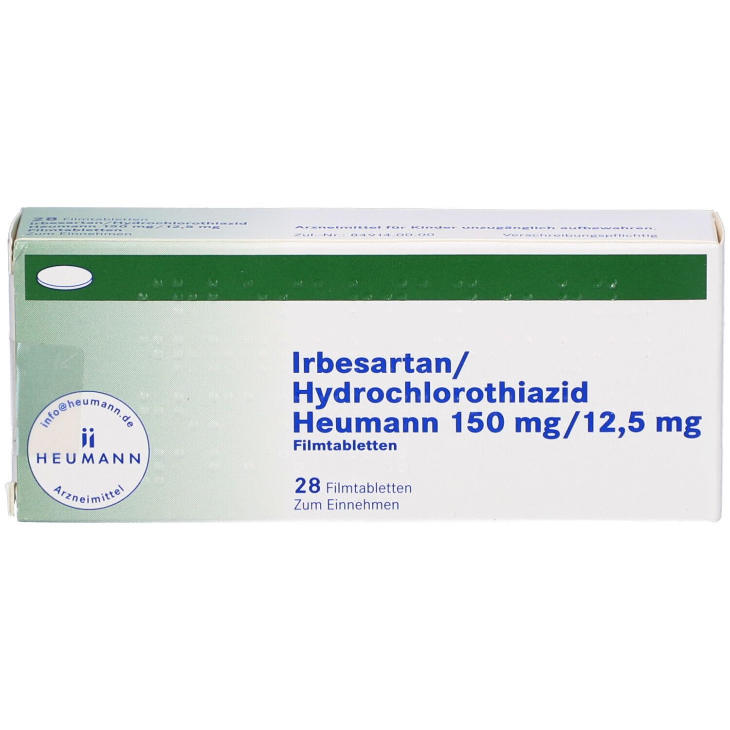 Schachtel mit IRBESARTAN/Hydrochlorothiazid Heumann 150/12,5mg. Draufsicht. Grün-weiße Verpackung.