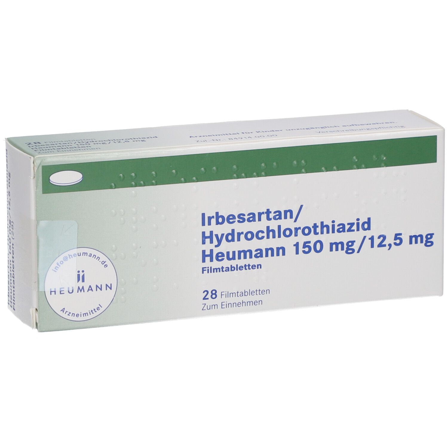Schachtel mit IRBESARTAN/Hydrochlorothiazid Heumann 150/12,5mg. Draufsicht. Grün-weiße Verpackung.