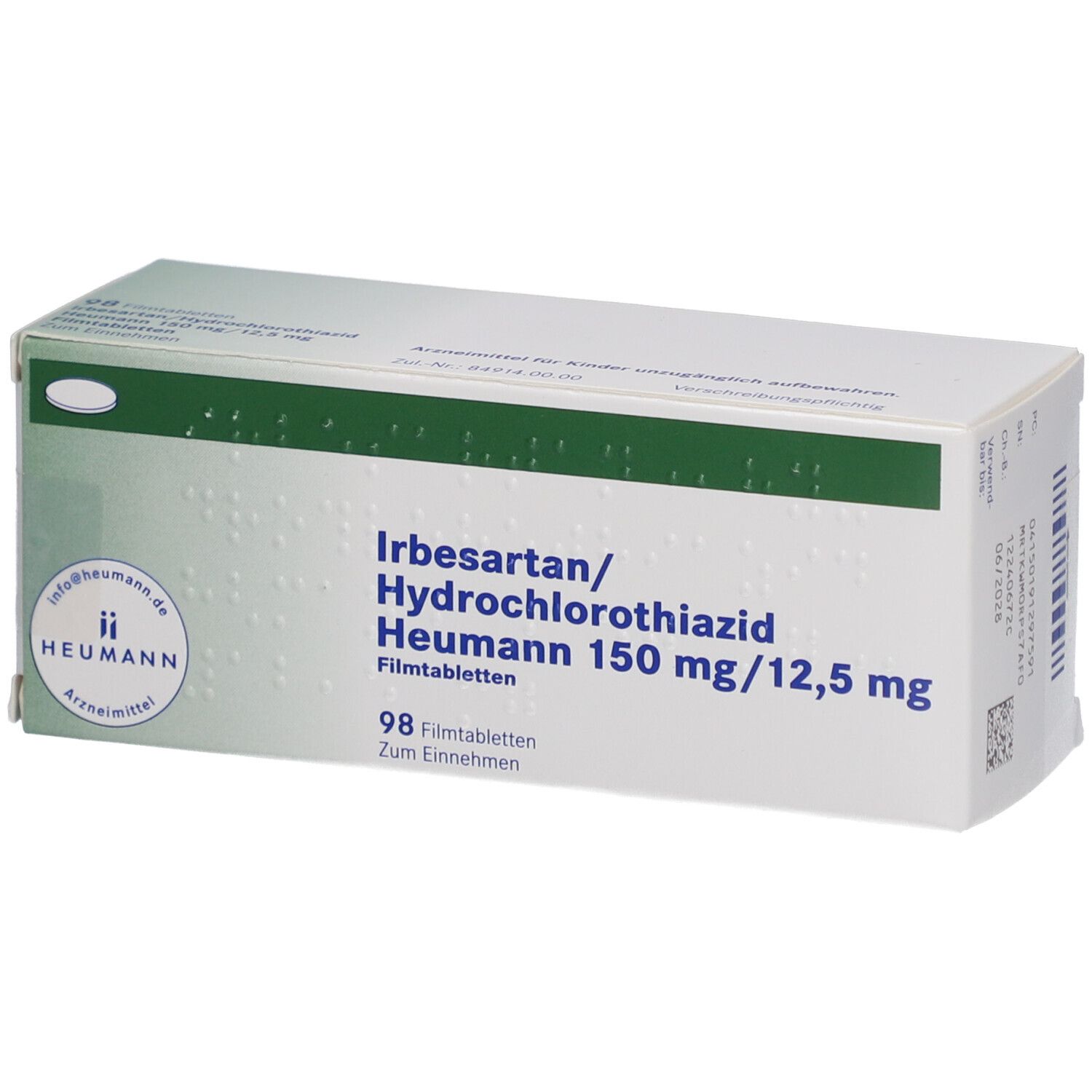 Schachtel mit IRBESARTAN/Hydrochlorothiazid Heumann 150/12,5 mg Filmtabletten. 98 Tabletten. Heumann-Logo.