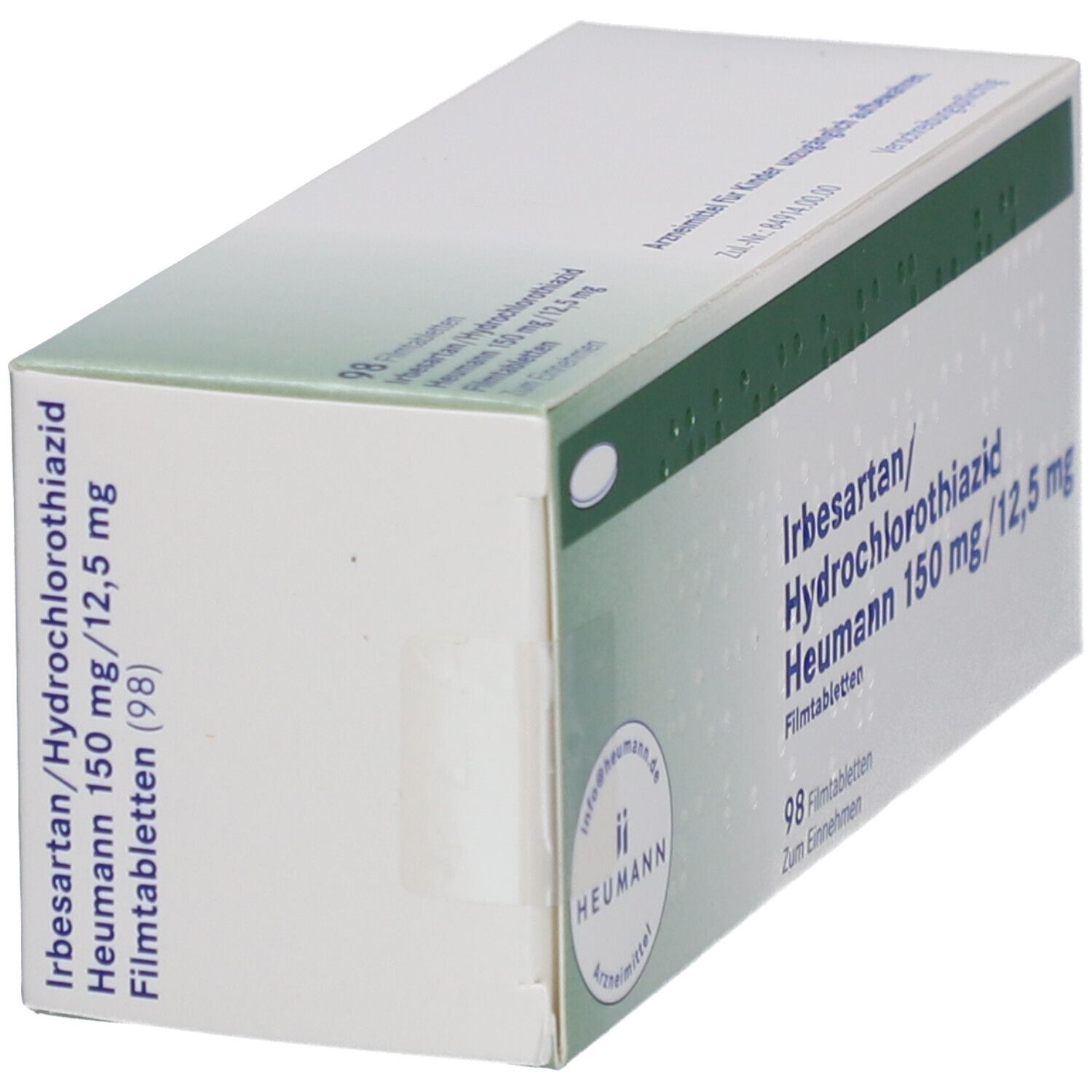 Schachtel mit IRBESARTAN/Hydrochlorothiazid Heumann 150/12,5 mg Filmtabletten. Seitenansicht. Heumann-Logo.
