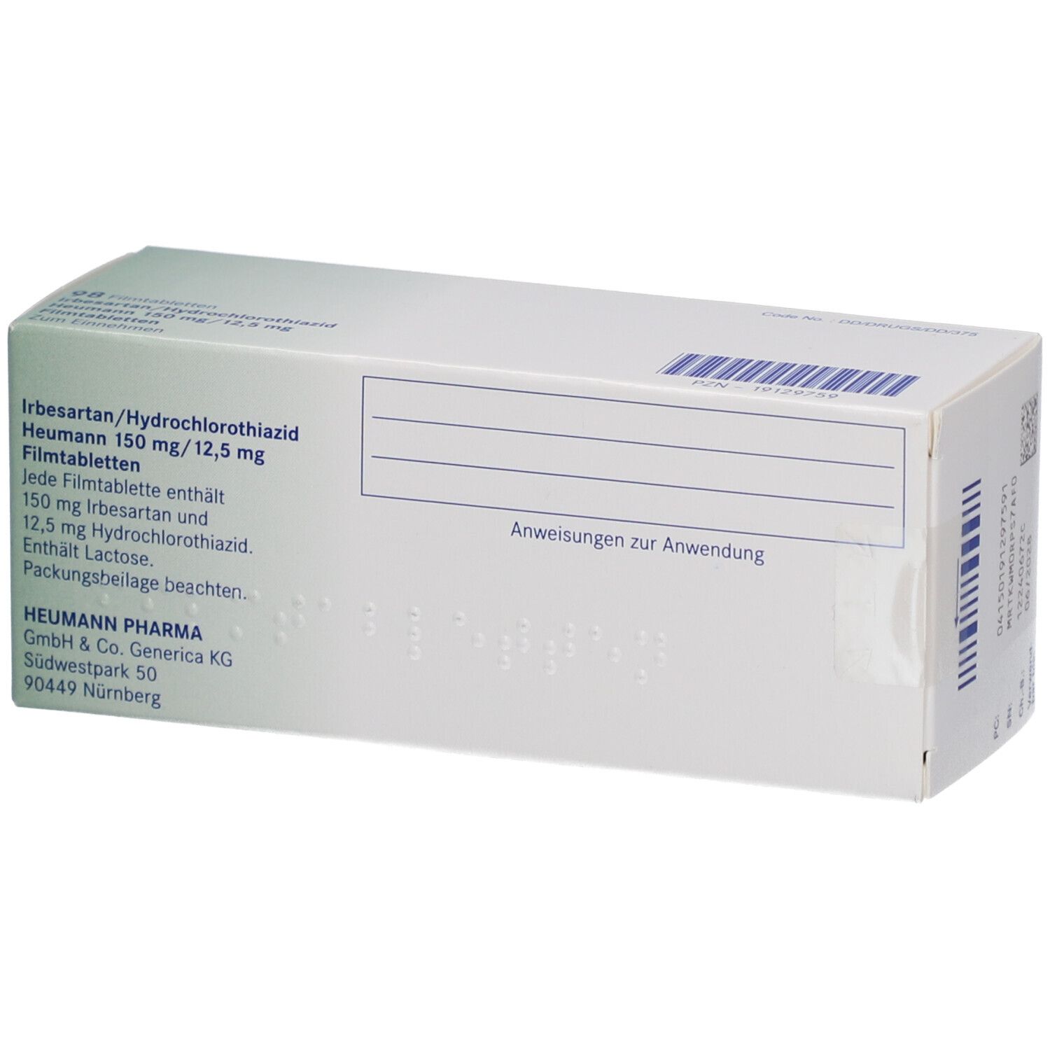 Rückseite der Schachtel mit IRBESARTAN/Hydrochlorothiazid Heumann 150/12,5 mg Filmtabletten. Text und Barcode.