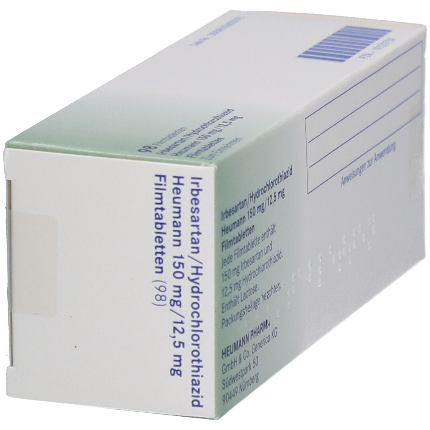 Schachtel mit IRBESARTAN/Hydrochlorothiazid Heumann 150/12,5 mg Filmtabletten. Seitenansicht mit Text.