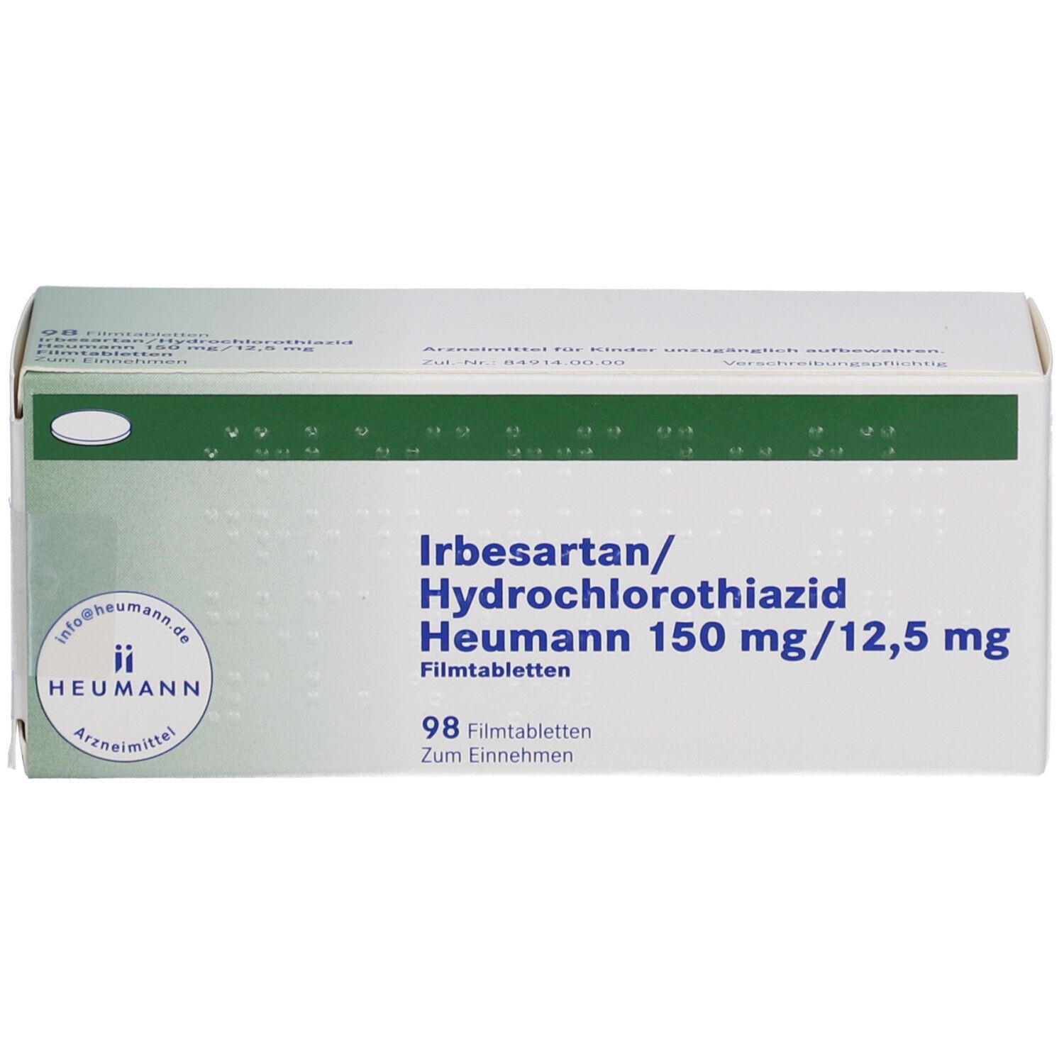 Schachtel mit IRBESARTAN/Hydrochlorothiazid Heumann 150/12,5 mg Filmtabletten. Heumann-Logo und Produktinformationen.