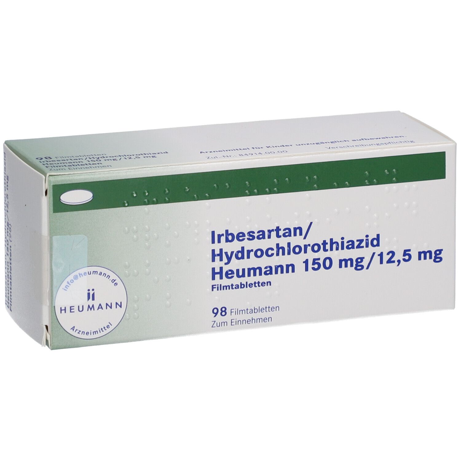 Schachtel mit IRBESARTAN/Hydrochlorothiazid Heumann 150/12,5 mg Filmtabletten. Vorderansicht.