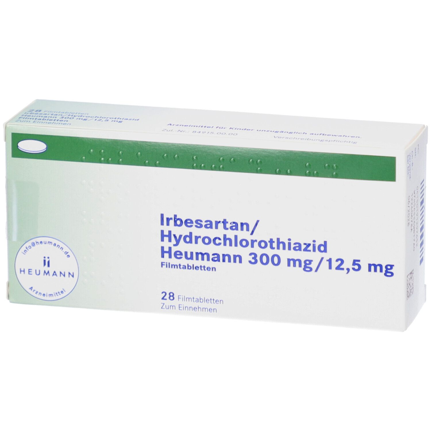 Schachtel mit Medikamenten. Aufschrift: Irbesartan/Hydrochlorothiazid Heumann 300 mg/12,5 mg. 28 Filmtabletten.