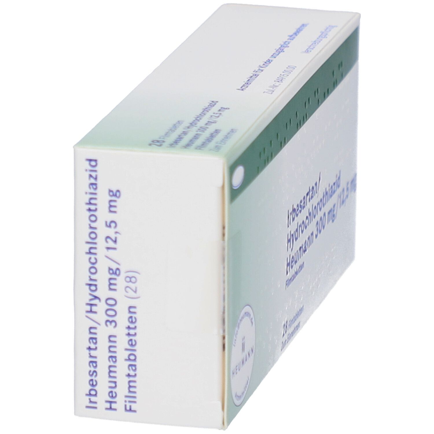 Schachtel mit Medikamenten, schräg. Aufschrift: Irbesartan/Hydrochlorothiazid Heumann 300 mg/12,5 mg. 28 Filmtabletten.