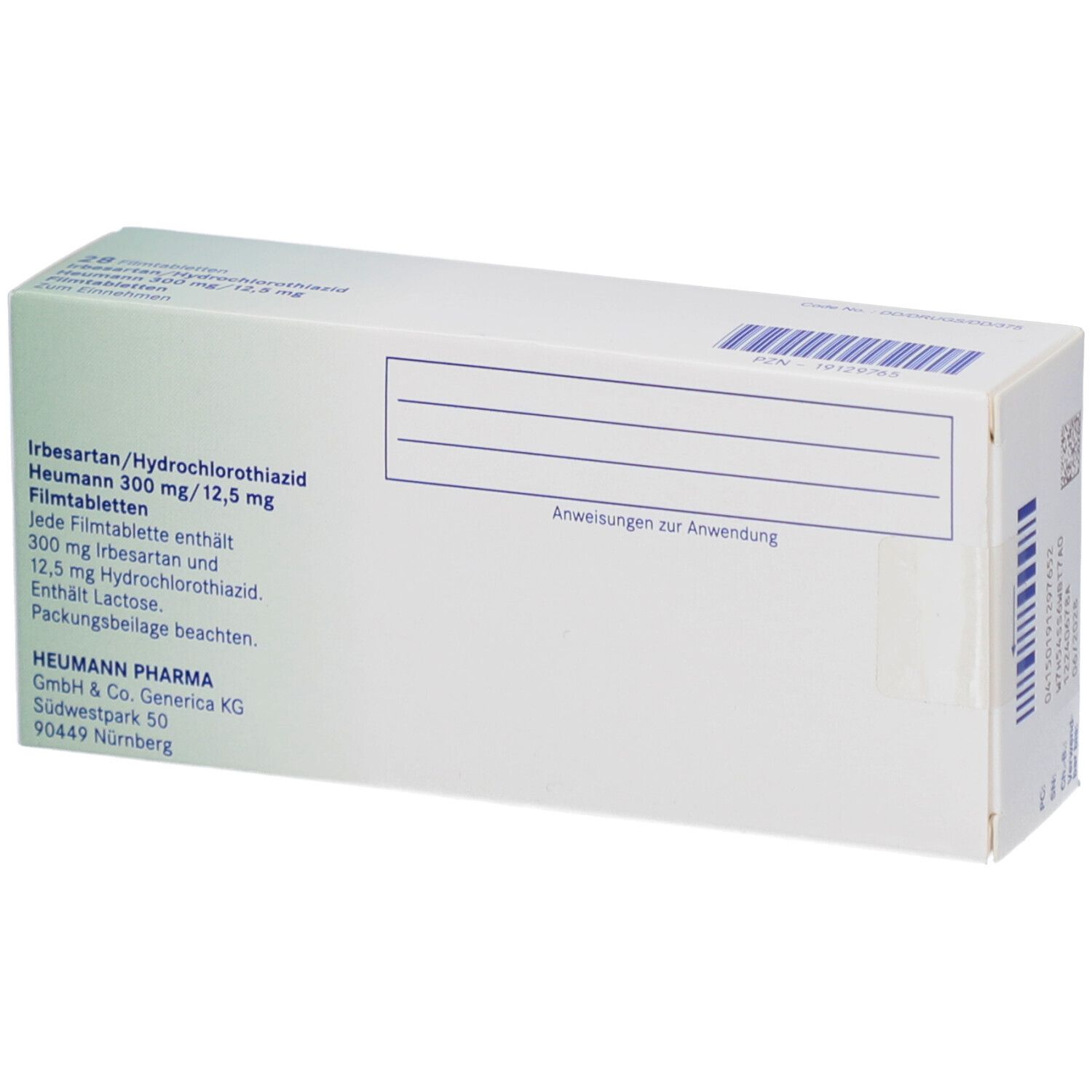 Rückseite der Medikamentenschachtel. Aufschrift: Irbesartan/Hydrochlorothiazid Heumann 300 mg/12,5 mg. Enthält Lactose.