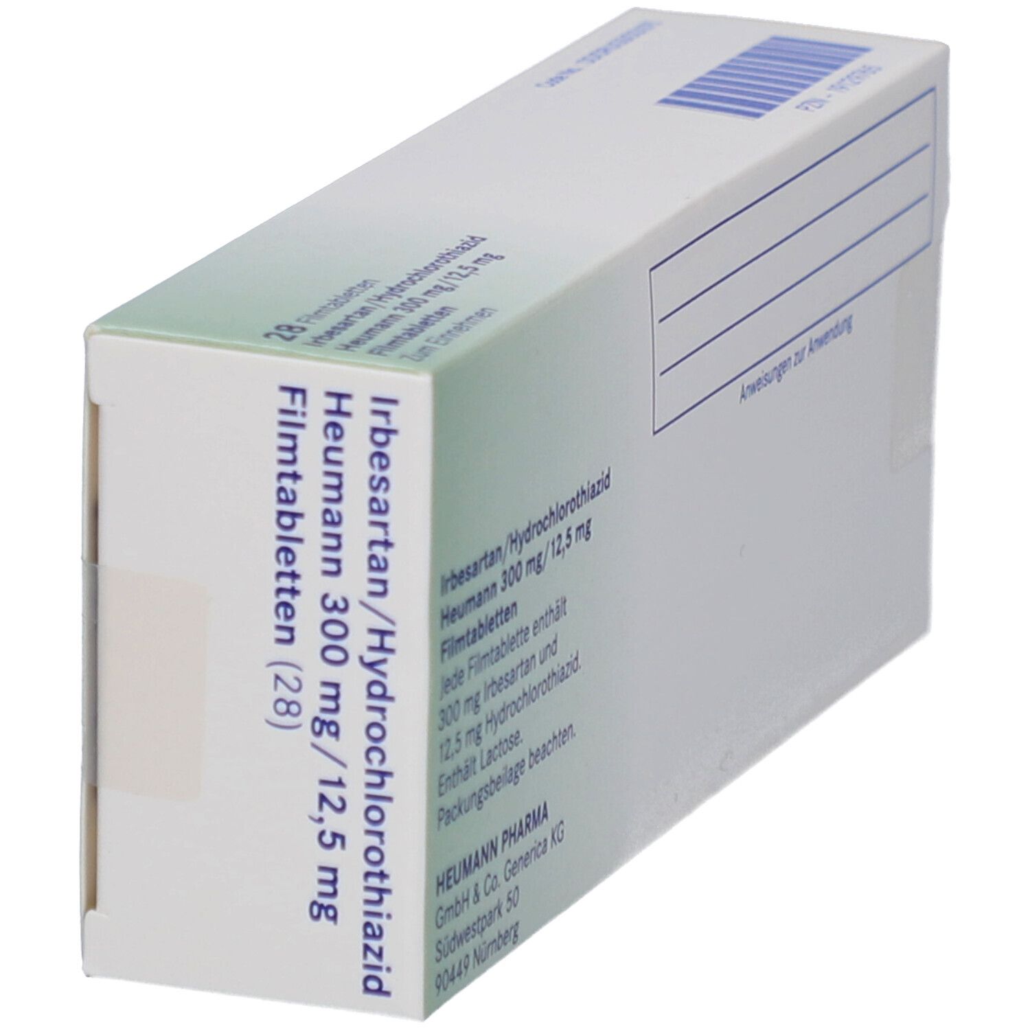 Schachtel mit Medikamenten, schräg. Aufschrift: Irbesartan/Hydrochlorothiazid Heumann 300 mg/12,5 mg. 28 Filmtabletten.