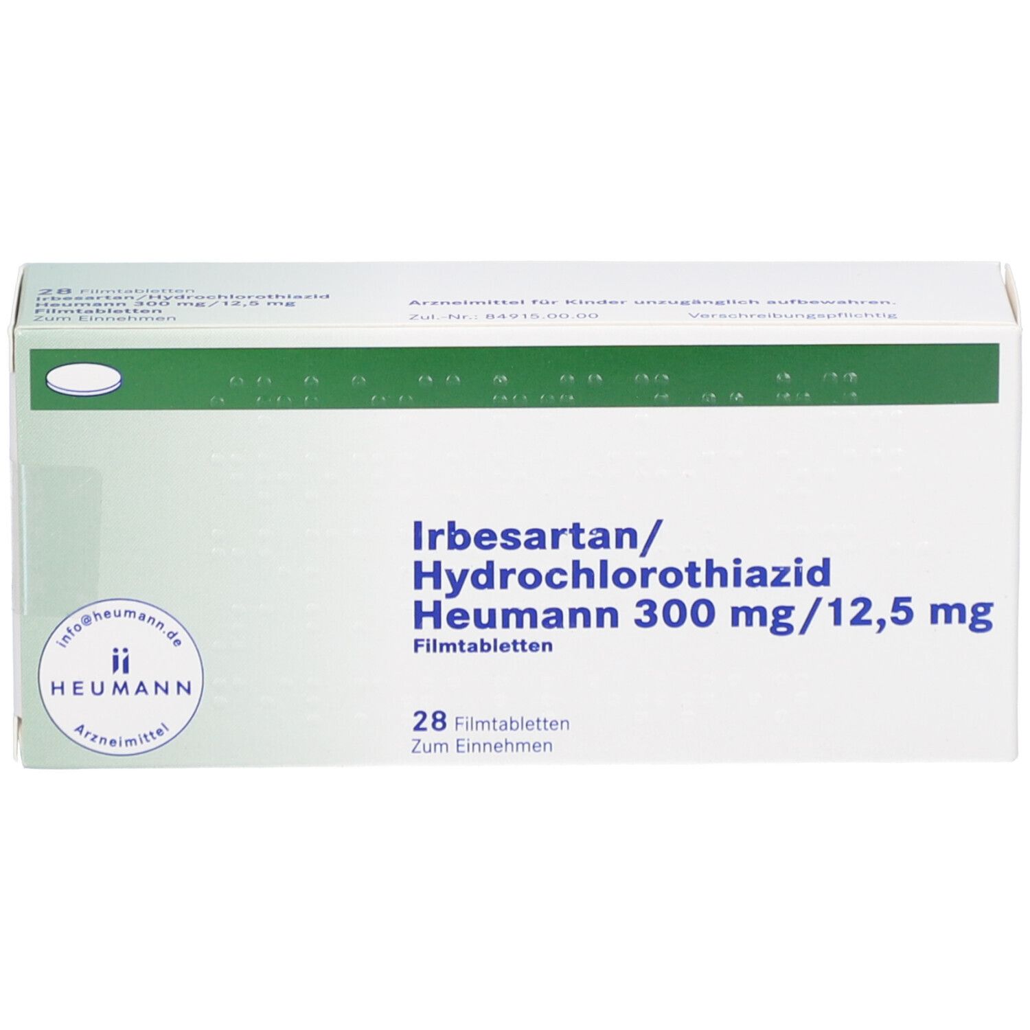 Schachtel mit Medikamenten. Aufschrift: Irbesartan/Hydrochlorothiazid Heumann 300 mg/12,5 mg. 28 Filmtabletten.