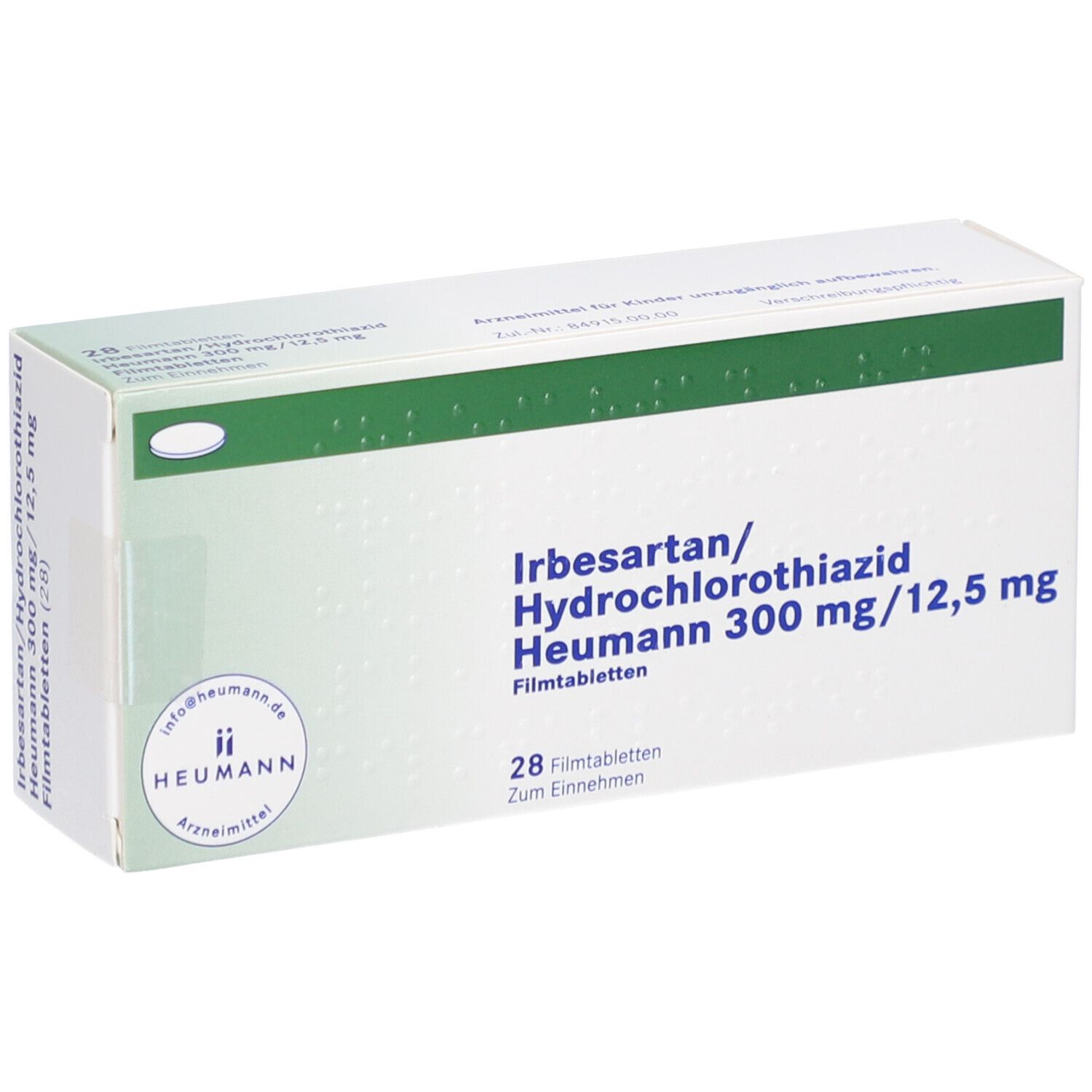 Schachtel mit Medikamenten. Aufschrift: Irbesartan/Hydrochlorothiazid Heumann 300 mg/12,5 mg. 28 Filmtabletten.
