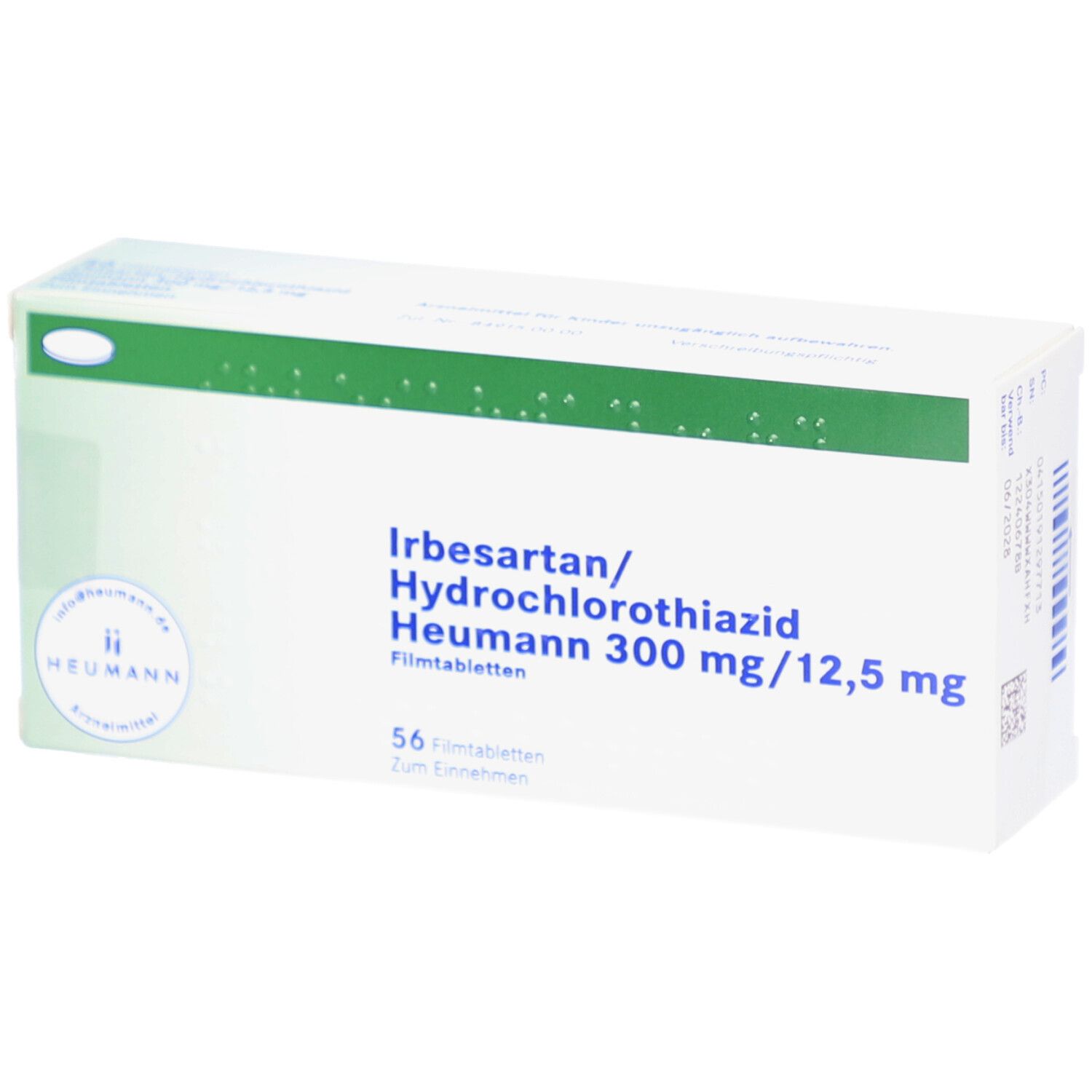 Weiße Schachtel mit grünen Akzenten. Aufschrift: Irbesartan/Hydrochlorothiazid Heumann 300 mg/12,5 mg. 56 Filmtabletten. Heumann Logo.