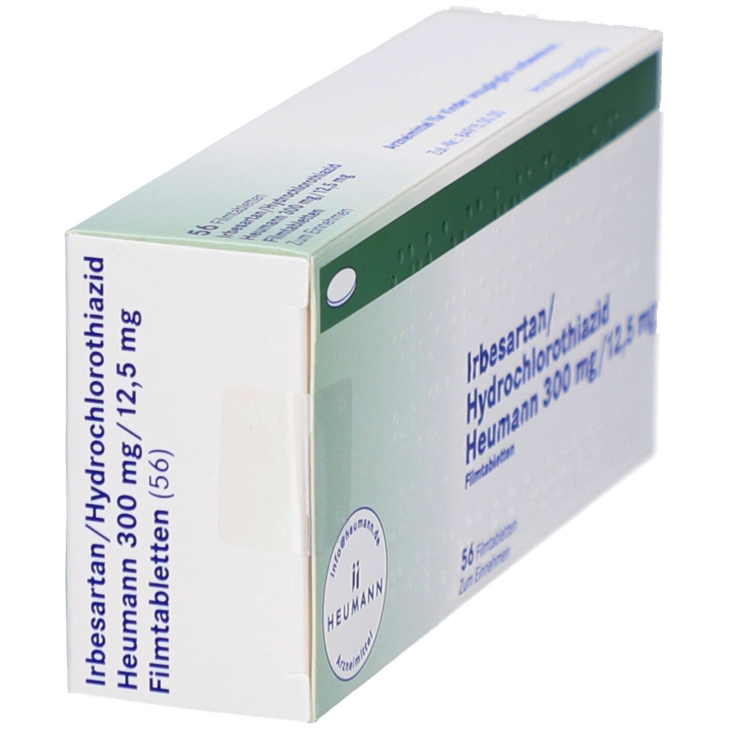 Schachtel in Schrägansicht. Aufschrift: Irbesartan/Hydrochlorothiazid Heumann 300 mg/12,5 mg. 56 Filmtabletten. Heumann Logo. Grüne Akzente.