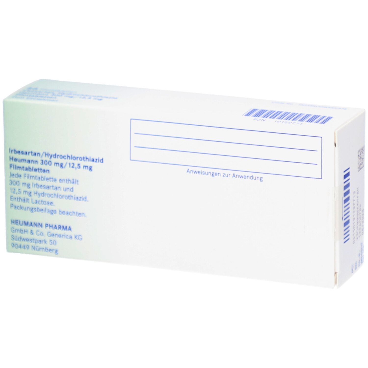 Rückseite der Schachtel. Aufschrift: Irbesartan/Hydrochlorothiazid Heumann 300 mg/12,5 mg. Informationen und Herstellerangaben. Weiße Oberfläche.