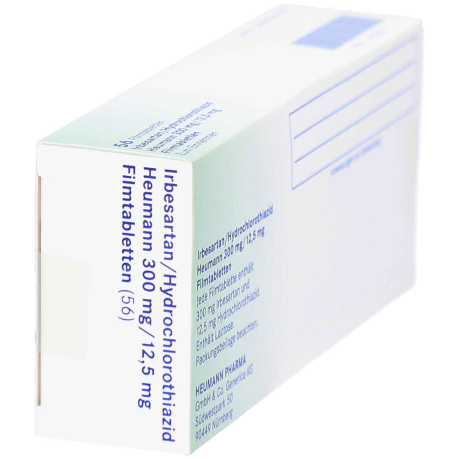 Schachtel in Schrägansicht. Aufschrift: Irbesartan/Hydrochlorothiazid Heumann 300 mg/12,5 mg. 56 Filmtabletten. Informationen. Weiße Oberfläche.