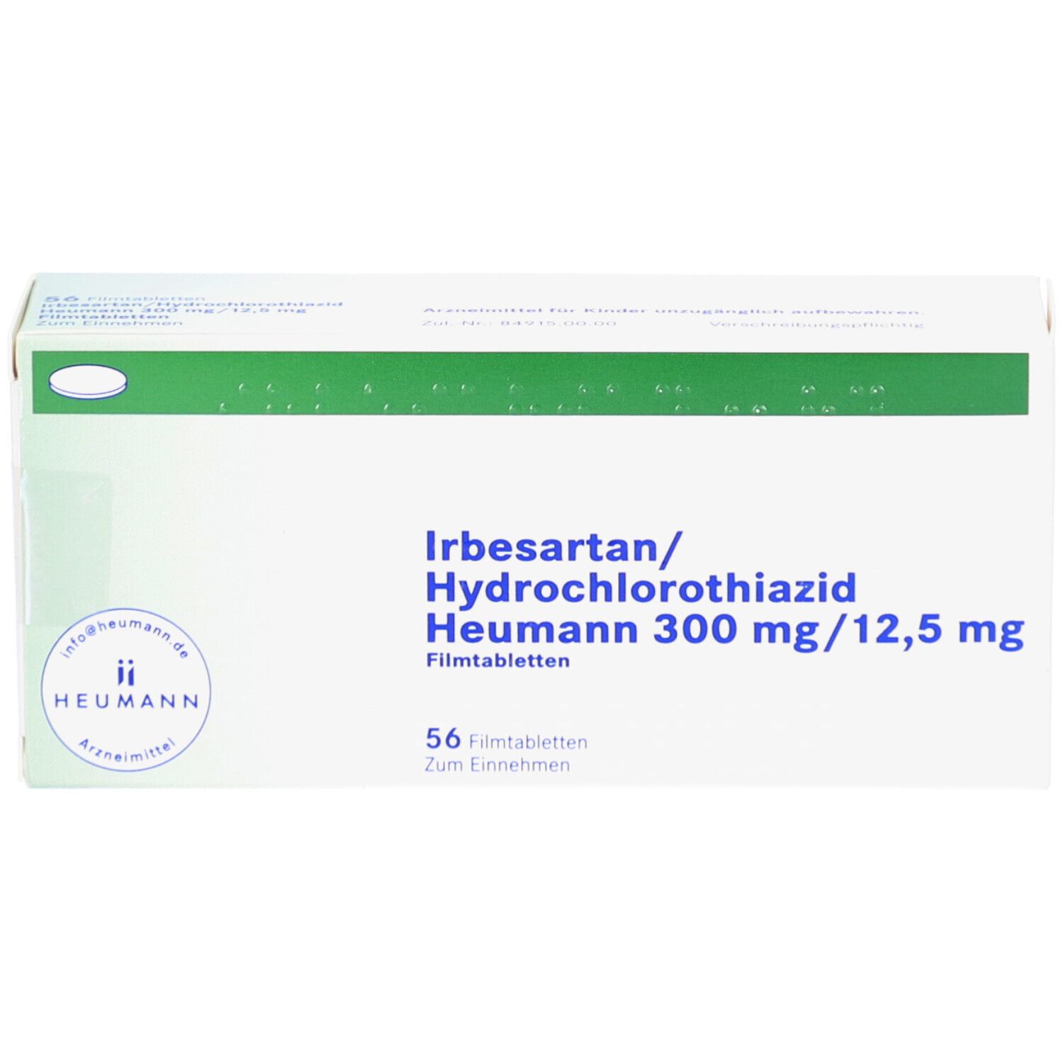 Weiße Schachtel mit grünen Akzenten. Aufschrift: Irbesartan/Hydrochlorothiazid Heumann 300 mg/12,5 mg. 56 Filmtabletten. Heumann Logo.