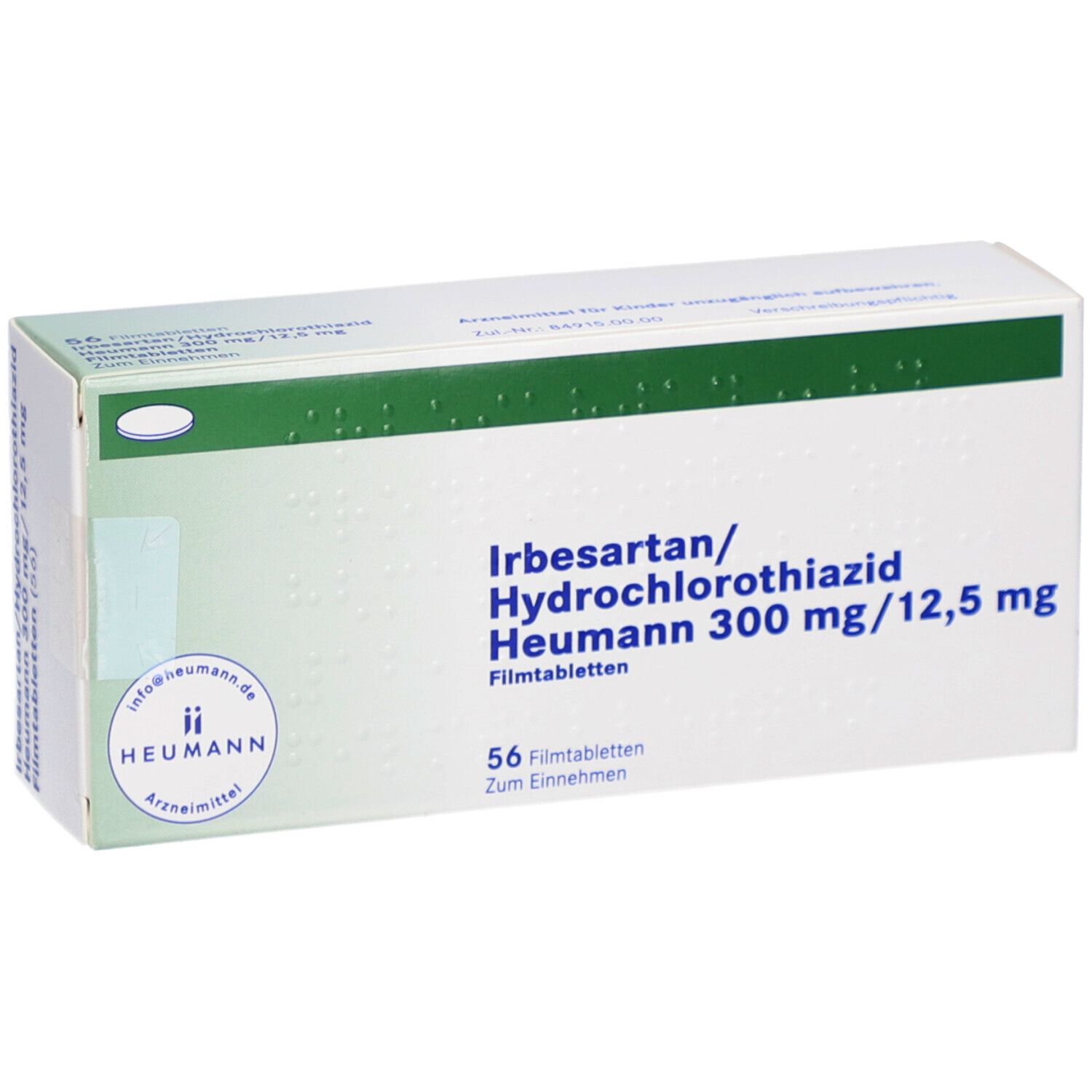 Weiße Schachtel mit grünen Akzenten. Aufschrift: Irbesartan/Hydrochlorothiazid Heumann 300 mg/12,5 mg. 56 Filmtabletten. Heumann Logo.