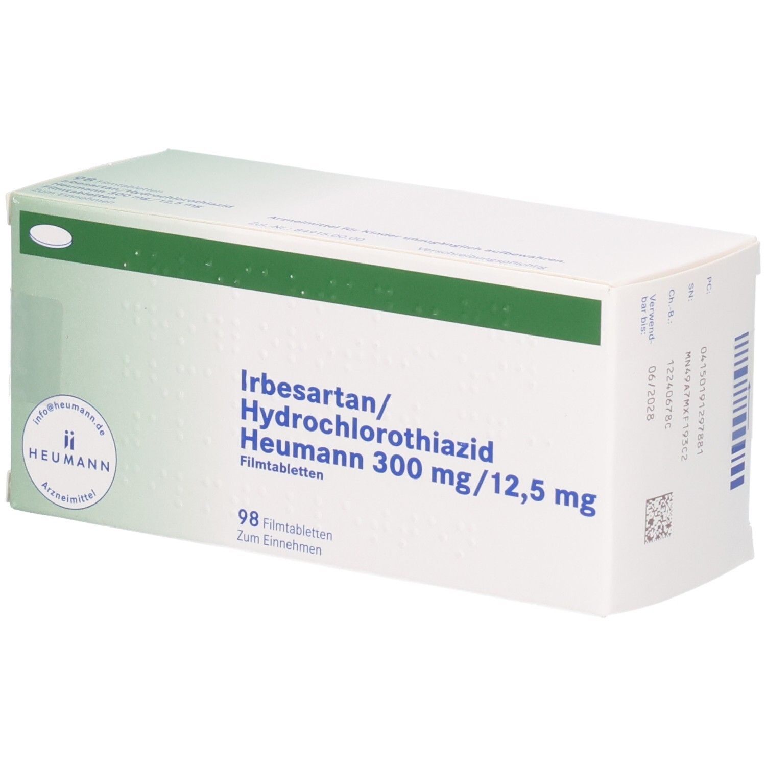 Schachtel mit IRBESARTAN/Hydrochlorothiazid Heumann 300/12,5 mg Filmtabletten. Weiße Verpackung mit grünen Akzenten und Produktinformationen.