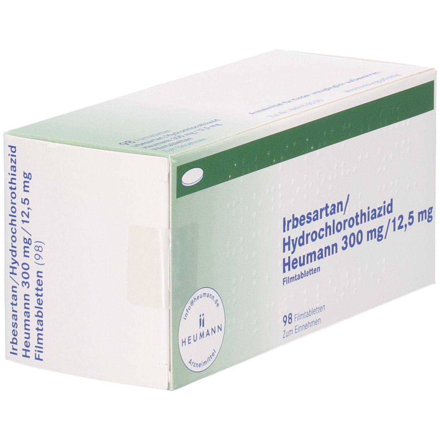 Schachtel mit IRBESARTAN/Hydrochlorothiazid Heumann 300/12,5 mg Filmtabletten. Perspektivische Ansicht der weißen Verpackung mit grünen Details.