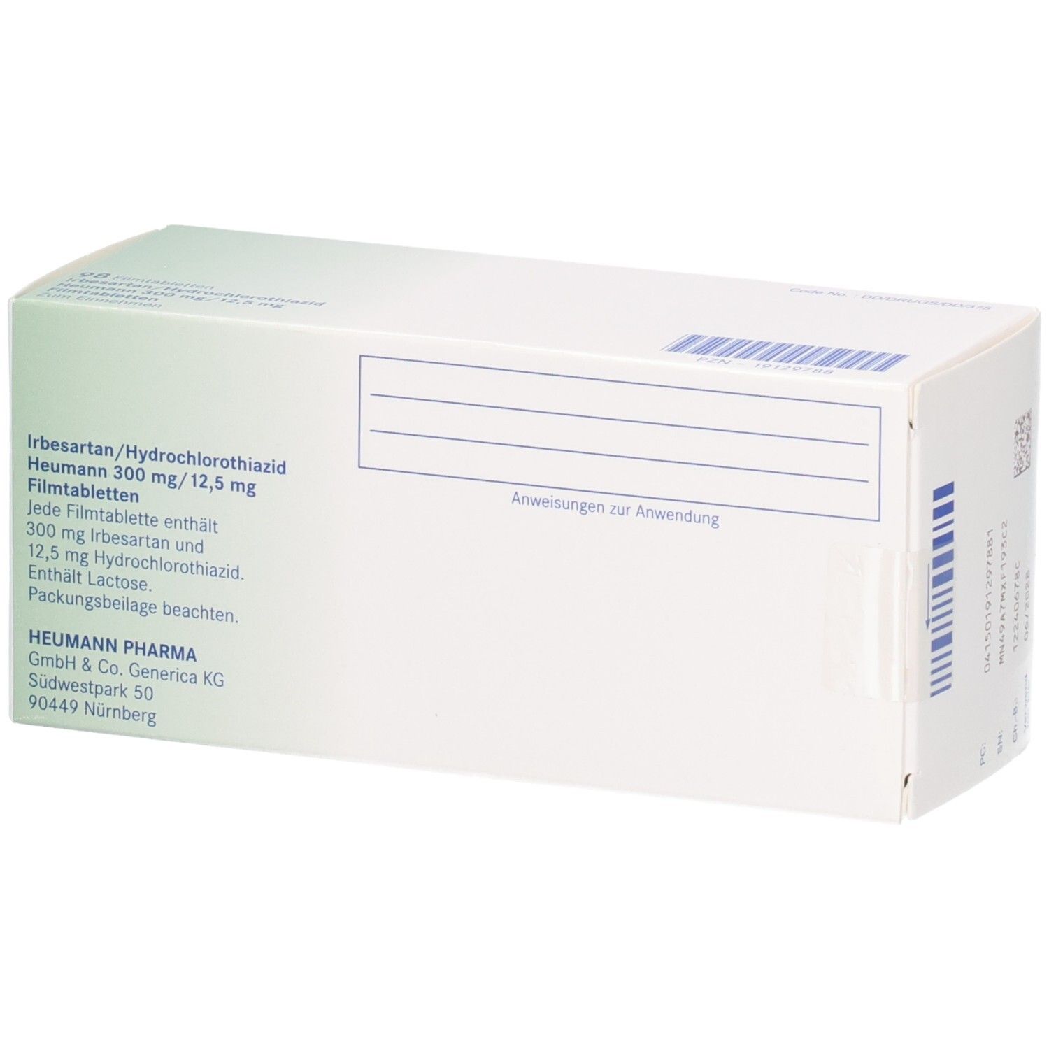 Rückseite der Schachtel mit IRBESARTAN/Hydrochlorothiazid Heumann 300/12,5 mg. Enthält Produktinformationen und Barcode.
