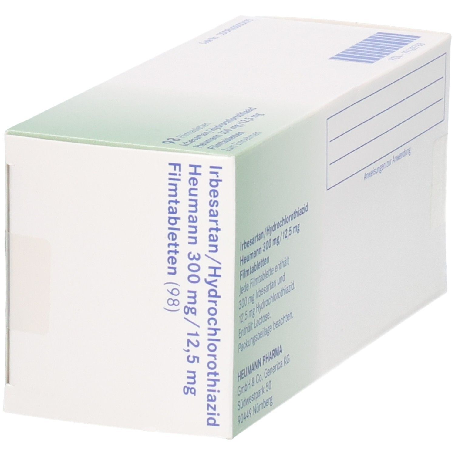 Schachtel mit IRBESARTAN/Hydrochlorothiazid Heumann 300/12,5 mg. Perspektivische Ansicht der Verpackung mit Produktinformationen.