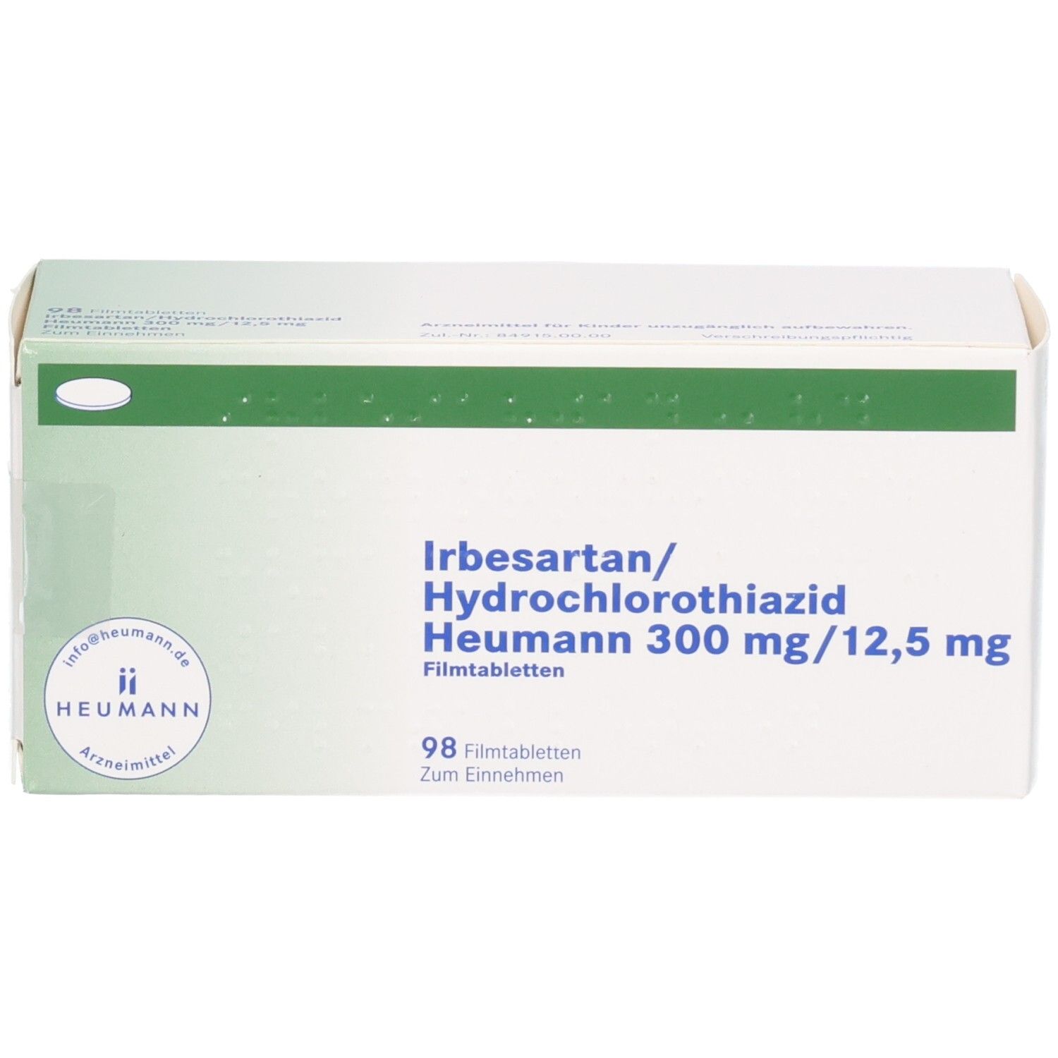 Schachtel mit IRBESARTAN/Hydrochlorothiazid Heumann 300/12,5 mg Filmtabletten. Draufsicht auf die weiße Verpackung mit grünen Details.